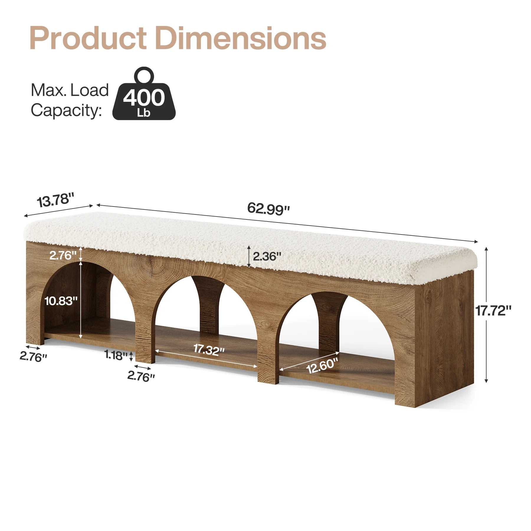 63" Upholstered Entryway Bench, 2-Tier Shoe Bench with Cushion and Shelf - Image 2