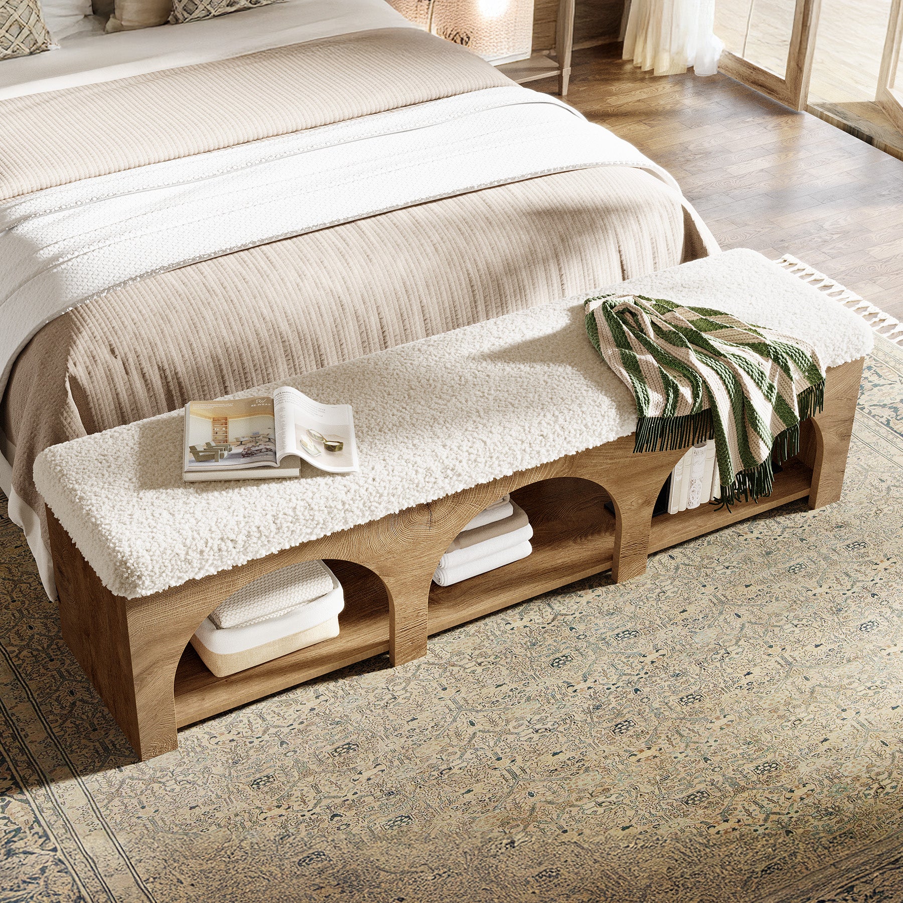 63" Upholstered Entryway Bench, 2-Tier Shoe Bench with Cushion and Shelf - Image 6