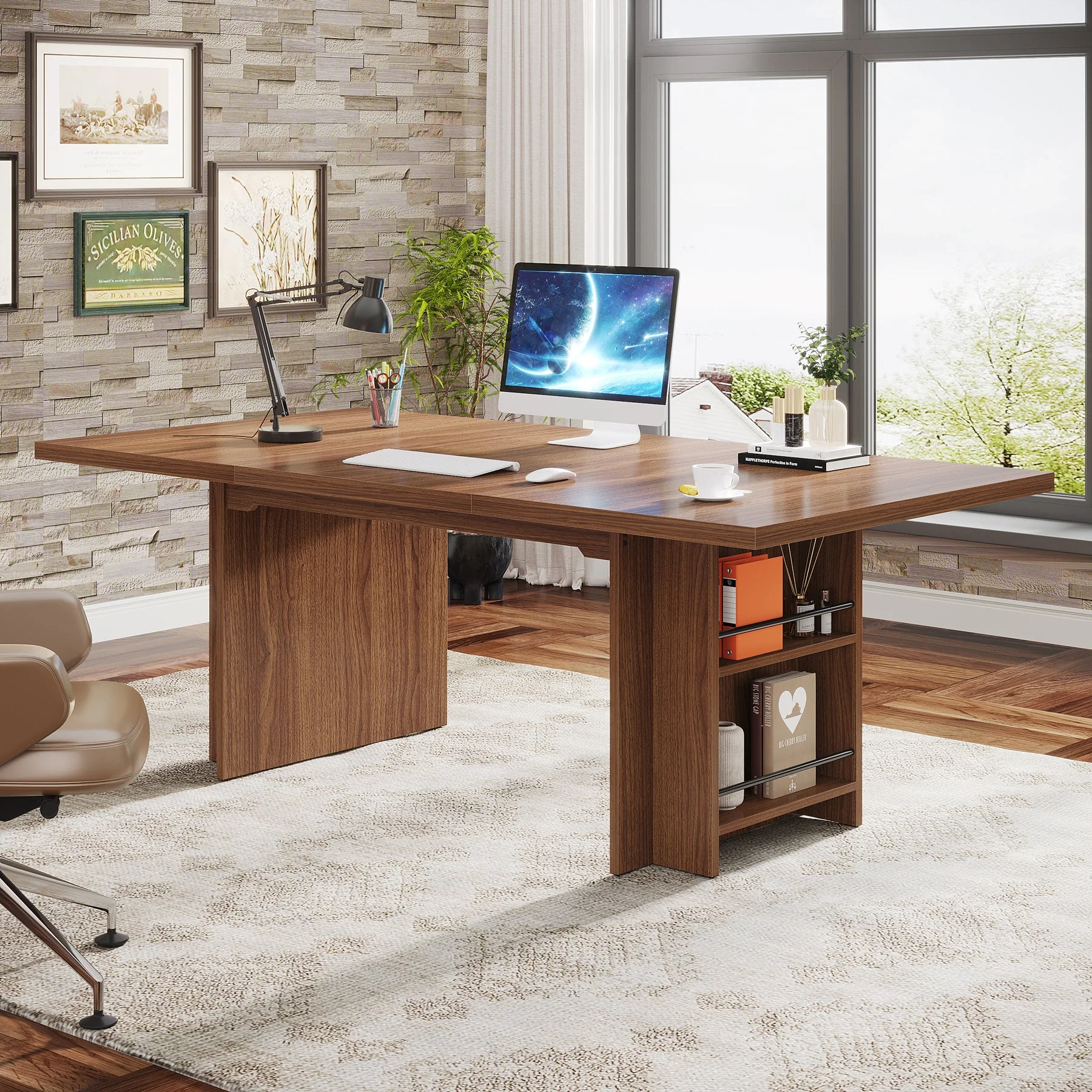 63" Executive Desk, Large Wood Computer Writing Table with Storage - Image 3