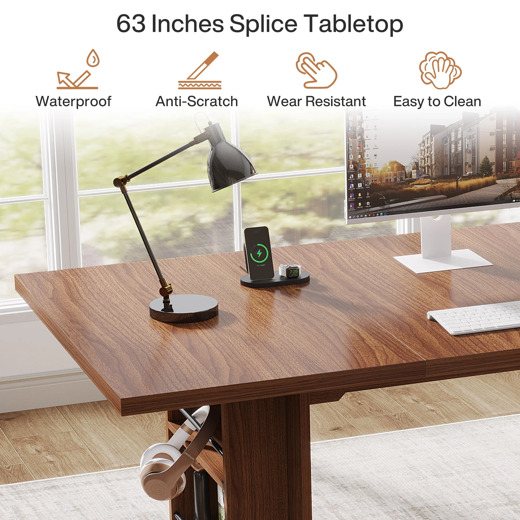 63" Executive Desk, Large Wood Computer Writing Table with Storage - Image 6