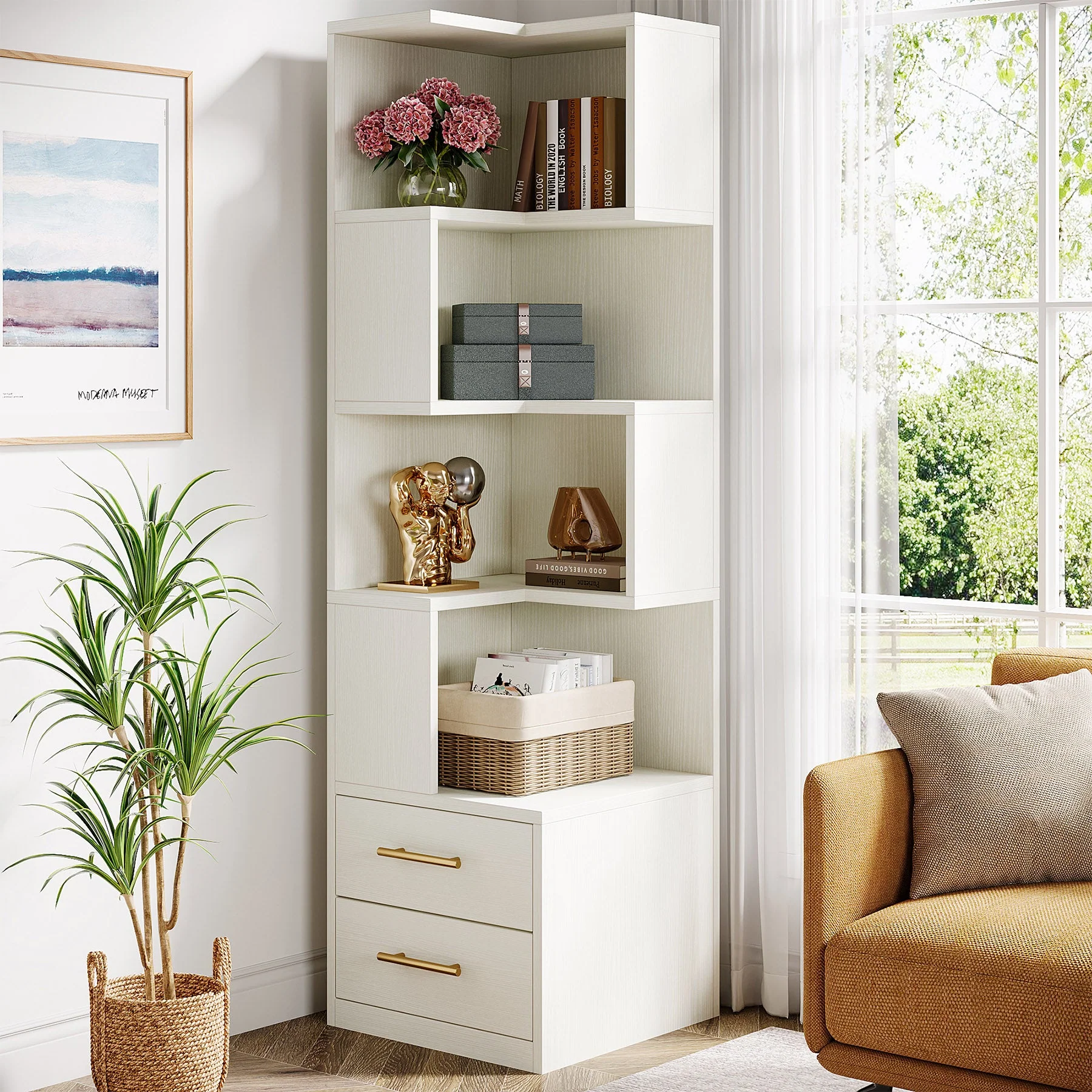 66.9" L-Shaped Bookshelf, Corner Bookcase With 5-Tier Shelf And 2 Drawers