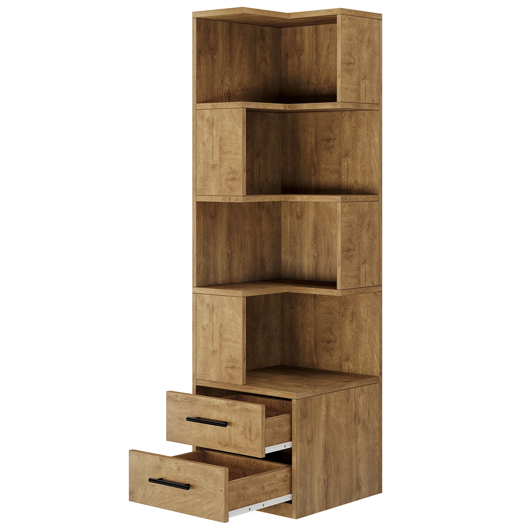 66.9" L-Shaped Bookshelf, Corner Bookcase With 5-Tier Shelf And 2 Drawers - Image 10