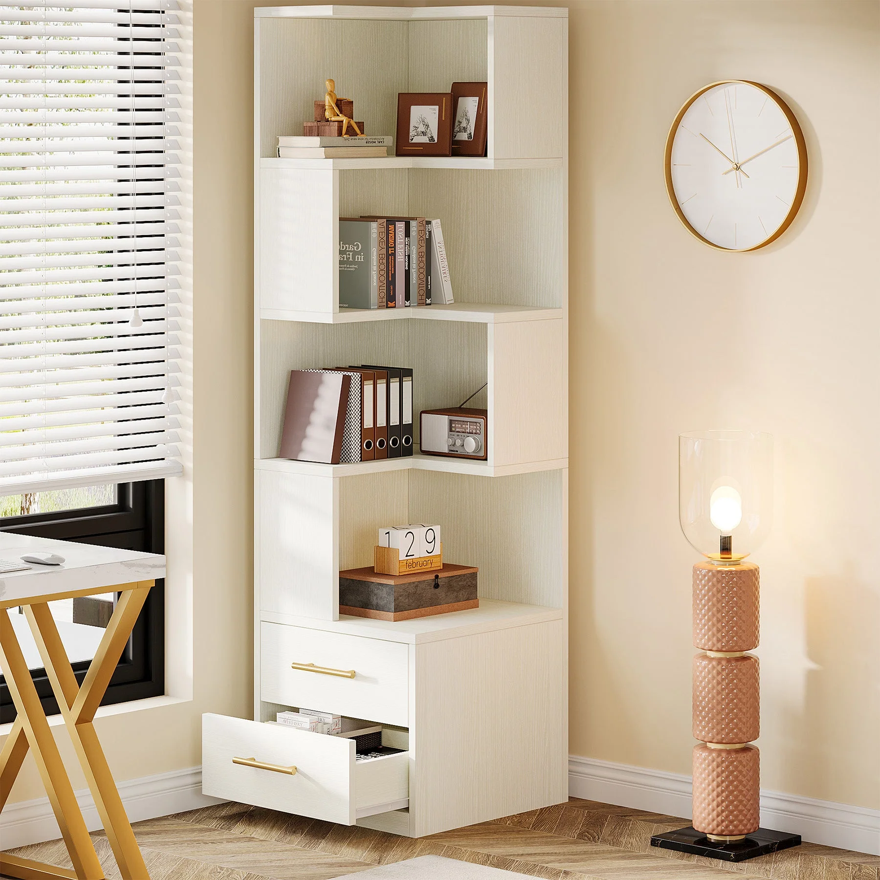 66.9" L-Shaped Bookshelf, Corner Bookcase With 5-Tier Shelf And 2 Drawers - Image 3