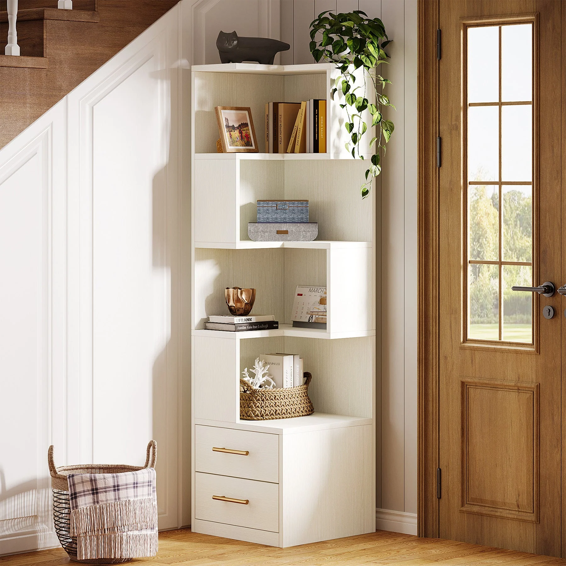 66.9" L-Shaped Bookshelf, Corner Bookcase With 5-Tier Shelf And 2 Drawers - Image 4