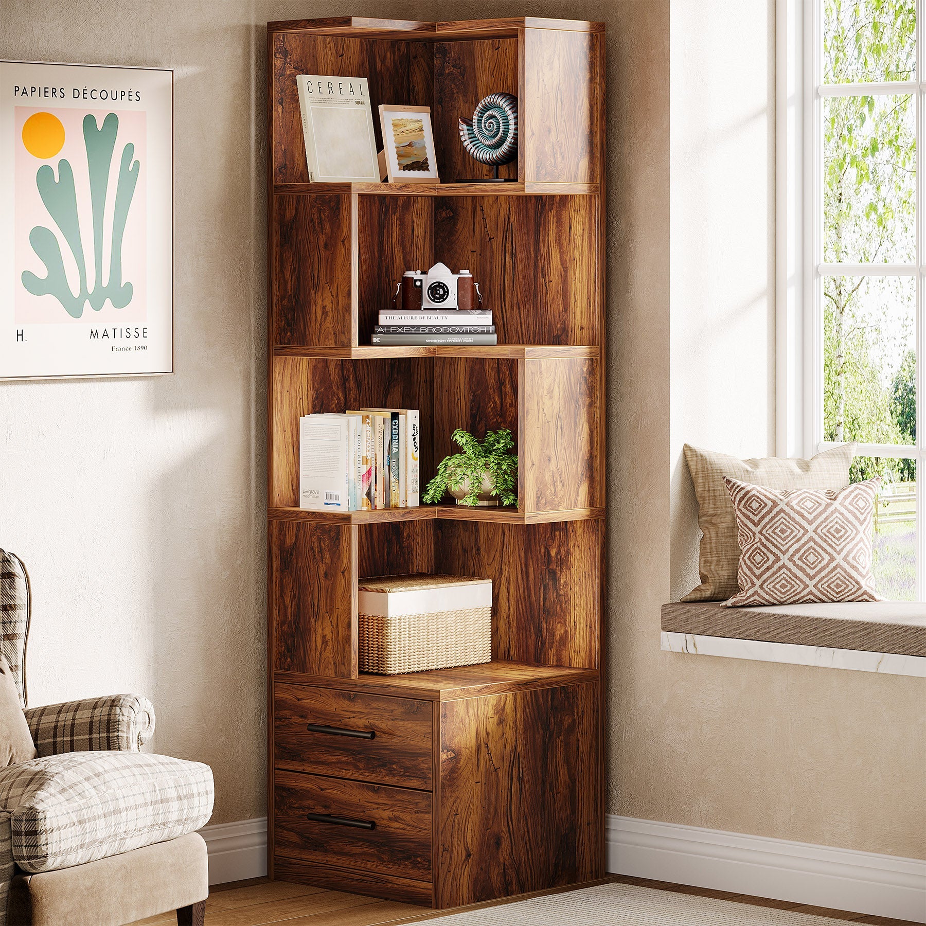 66.9" L-Shaped Bookshelf, Corner Bookcase With 5-Tier Shelf And 2 Drawers - Image 7