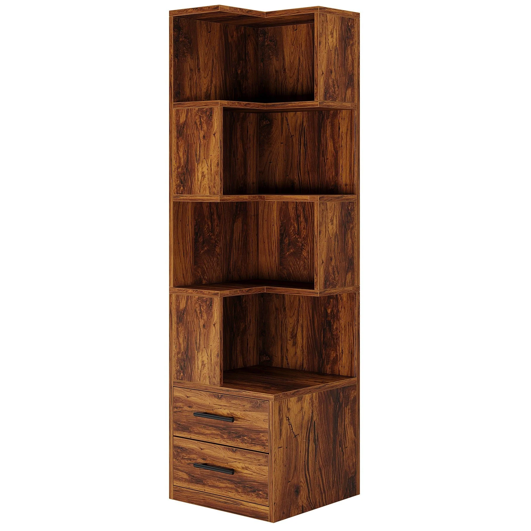 66.9" L-Shaped Bookshelf, Corner Bookcase With 5-Tier Shelf And 2 Drawers - Image 8