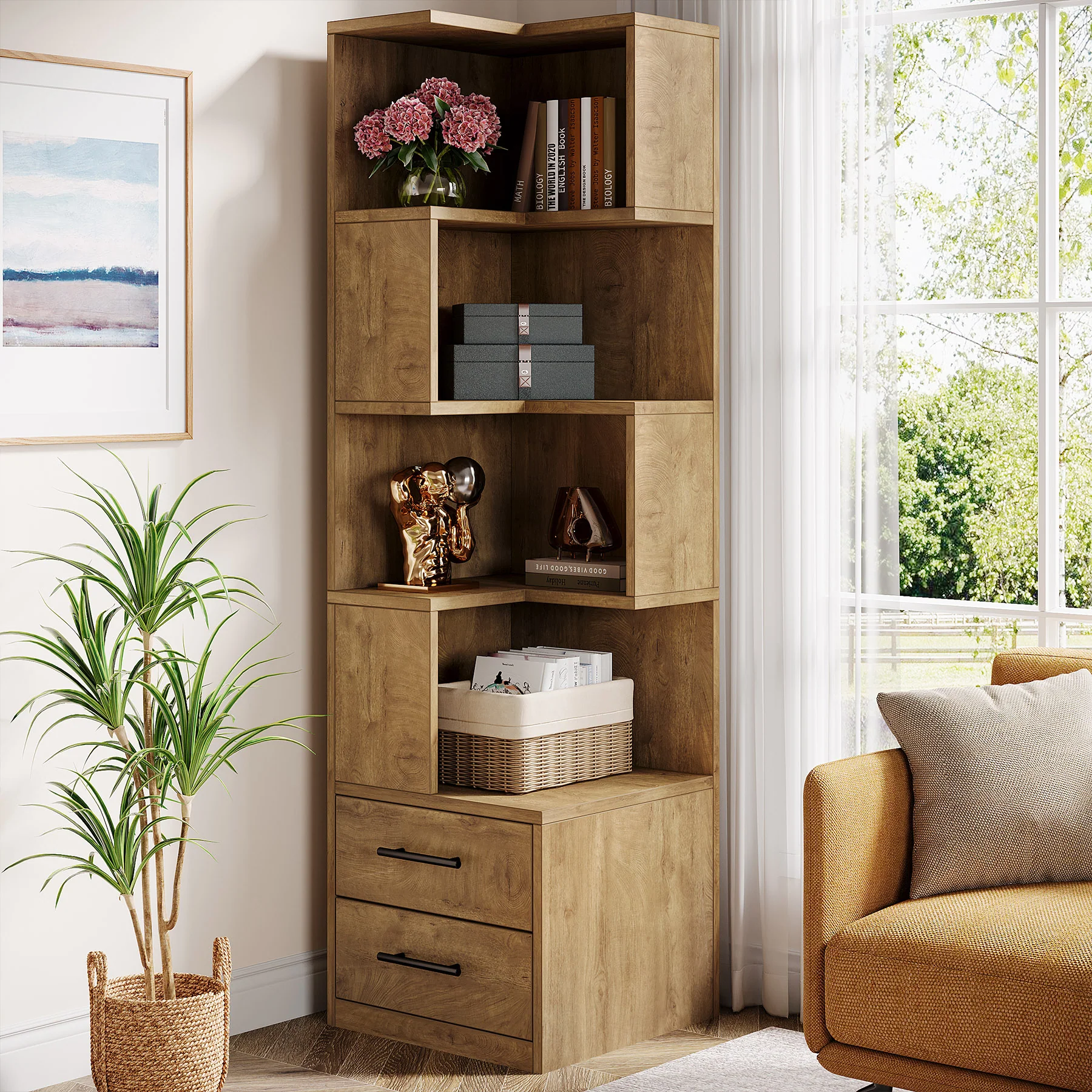 66.9" L-Shaped Bookshelf, Corner Bookcase With 5-Tier Shelf And 2 Drawers - Image 9