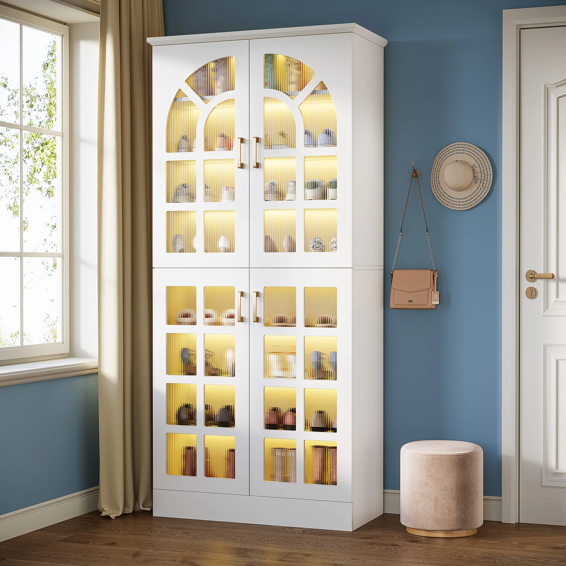 69" Shoe Cabinet, 8-Tier Shoe Rack Organizer with Doors and Led Lights - Image 3