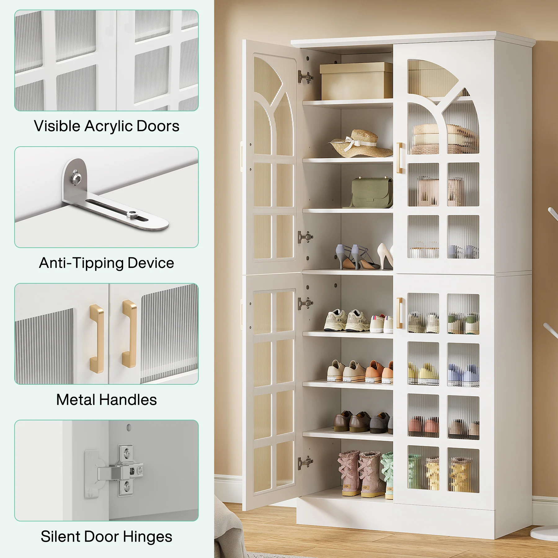 69" Shoe Cabinet, 8-Tier Shoe Rack Organizer with Doors and Led Lights - Image 9