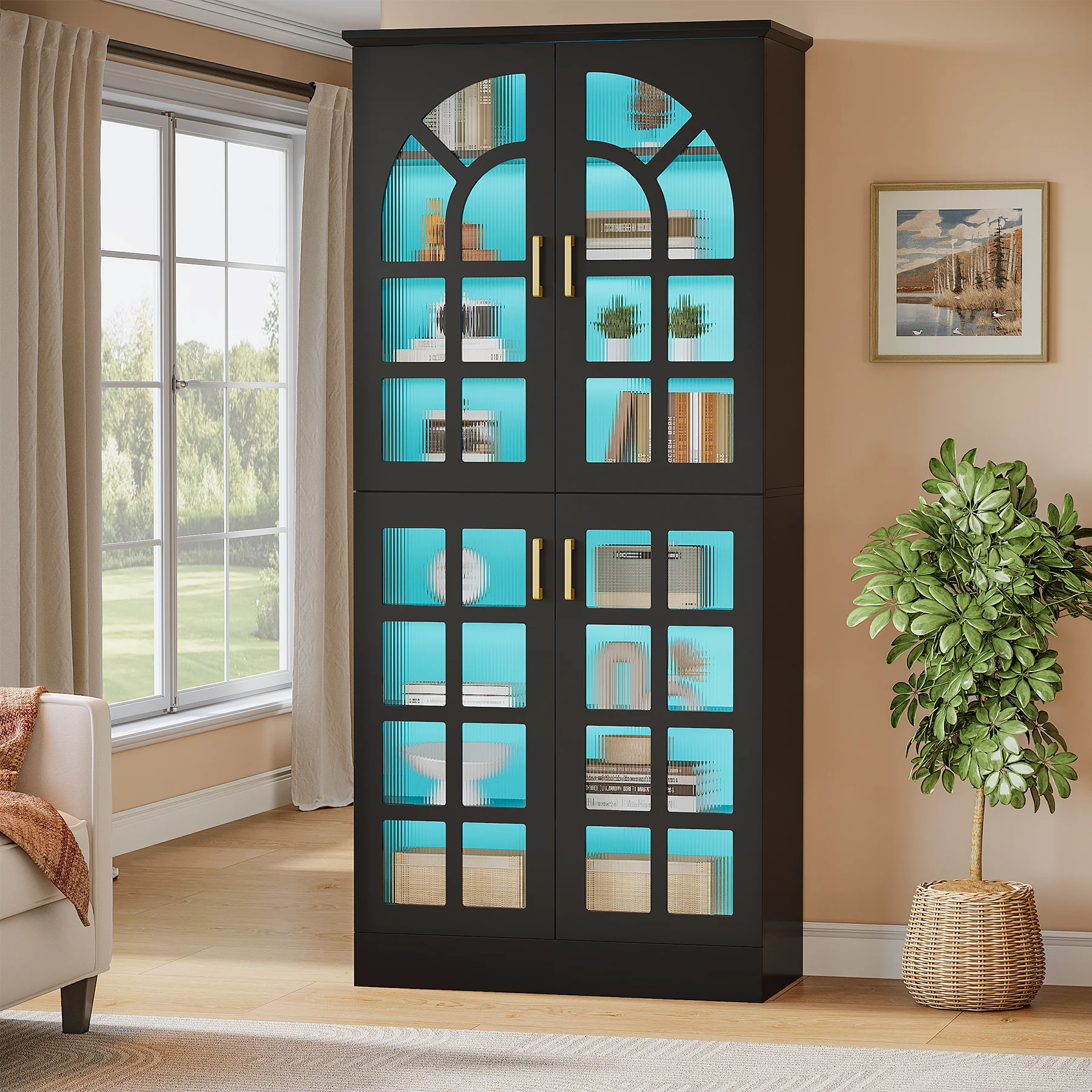 69" Storage Cabinet, Modern Bookcase with Doors and LED Lights - Image 10