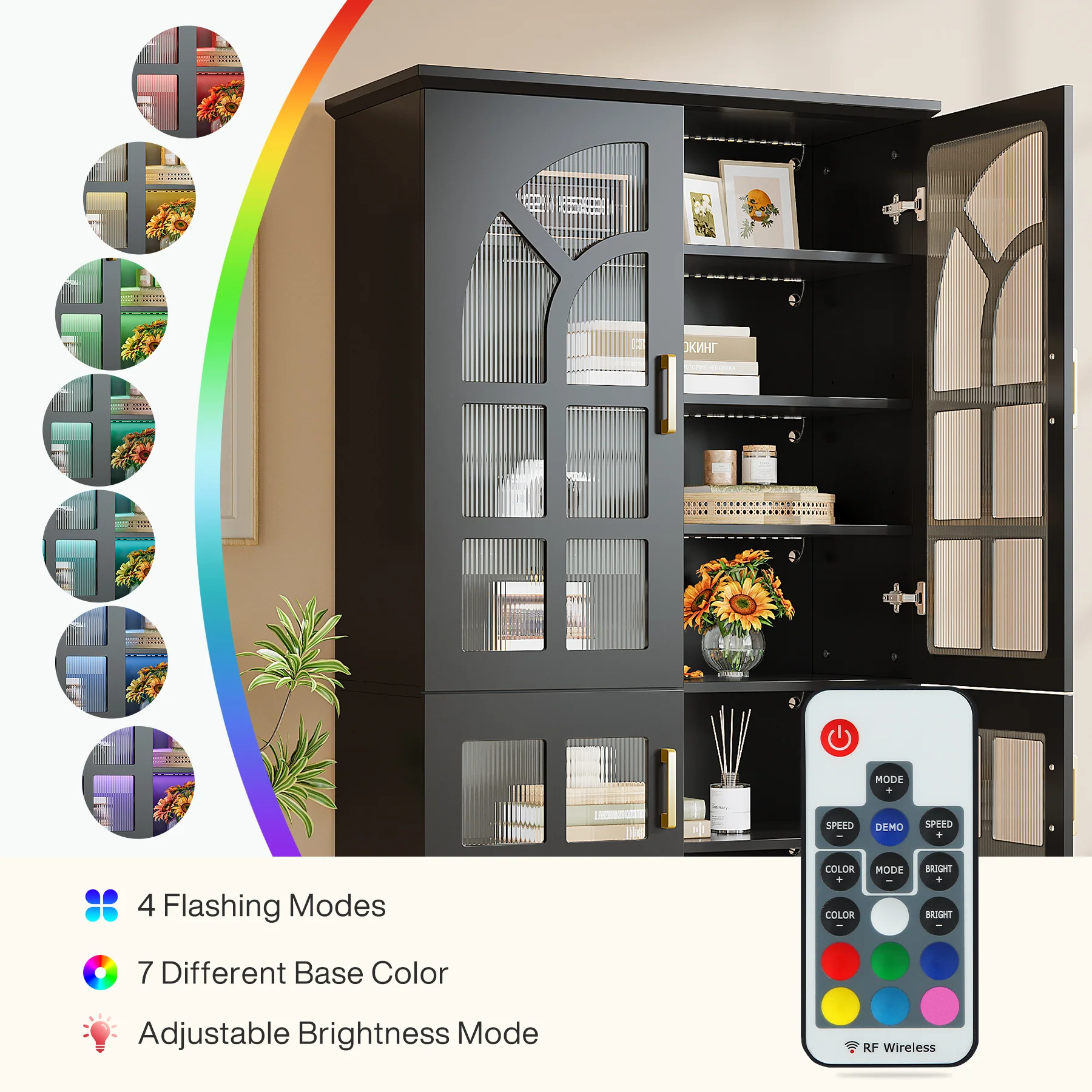 69" Storage Cabinet, Modern Bookcase with Doors and LED Lights - Image 11