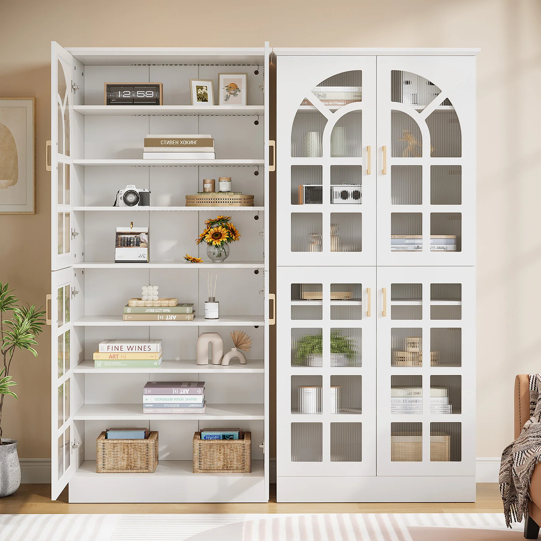69" Storage Cabinet, Modern Bookcase with Doors and LED Lights - Image 5