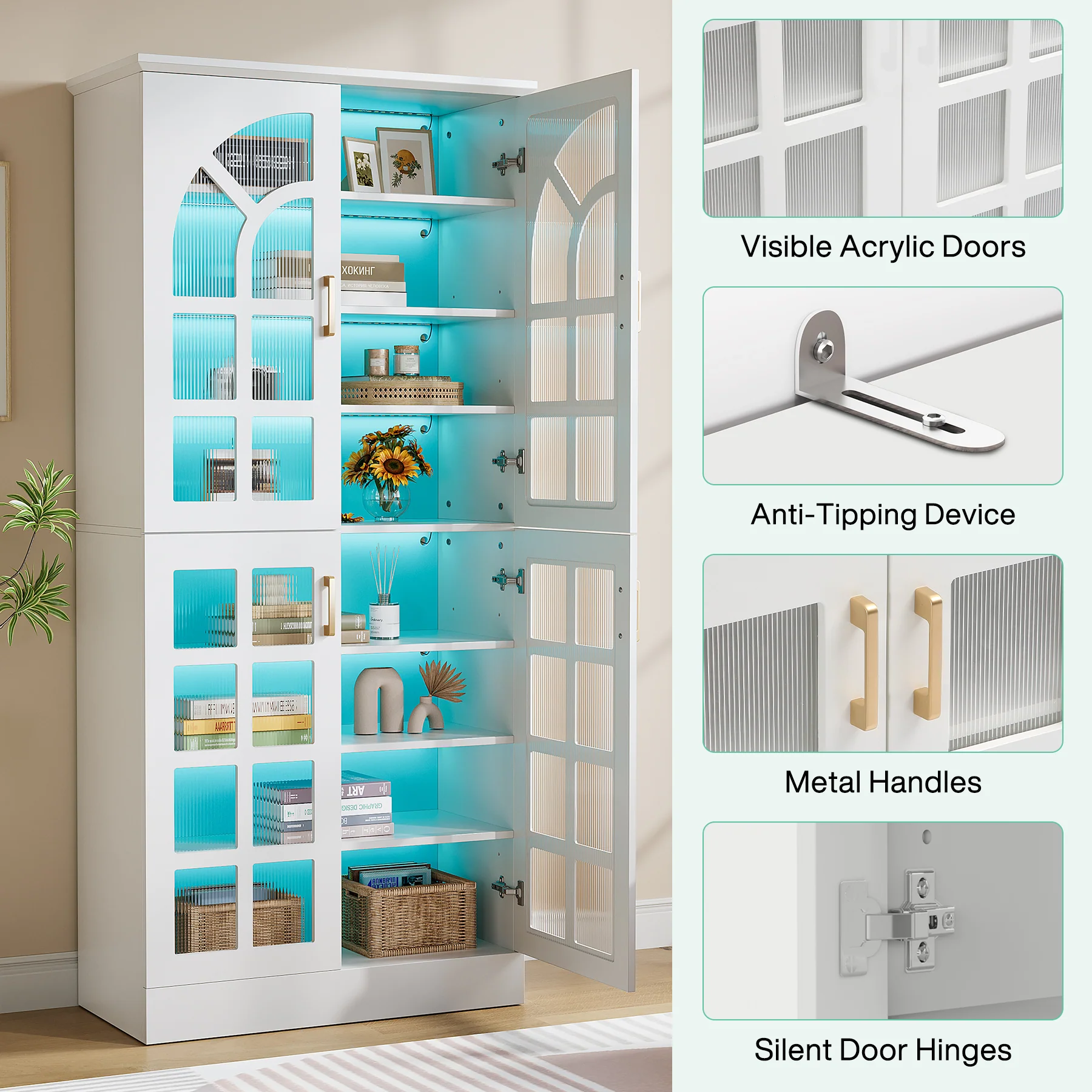 69" Storage Cabinet, Modern Bookcase with Doors and LED Lights - Image 7