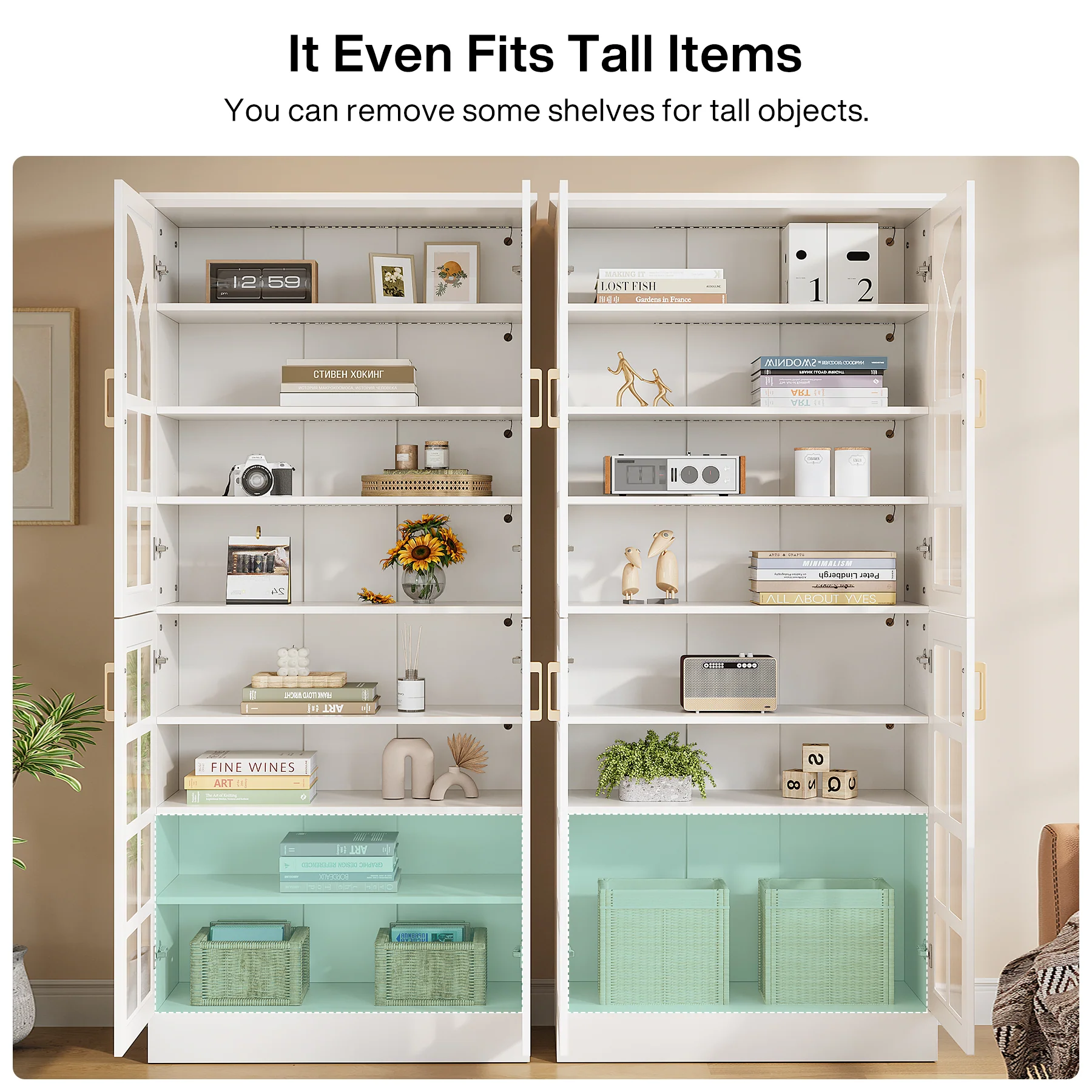 69" Storage Cabinet, Modern Bookcase with Doors and LED Lights - Image 8
