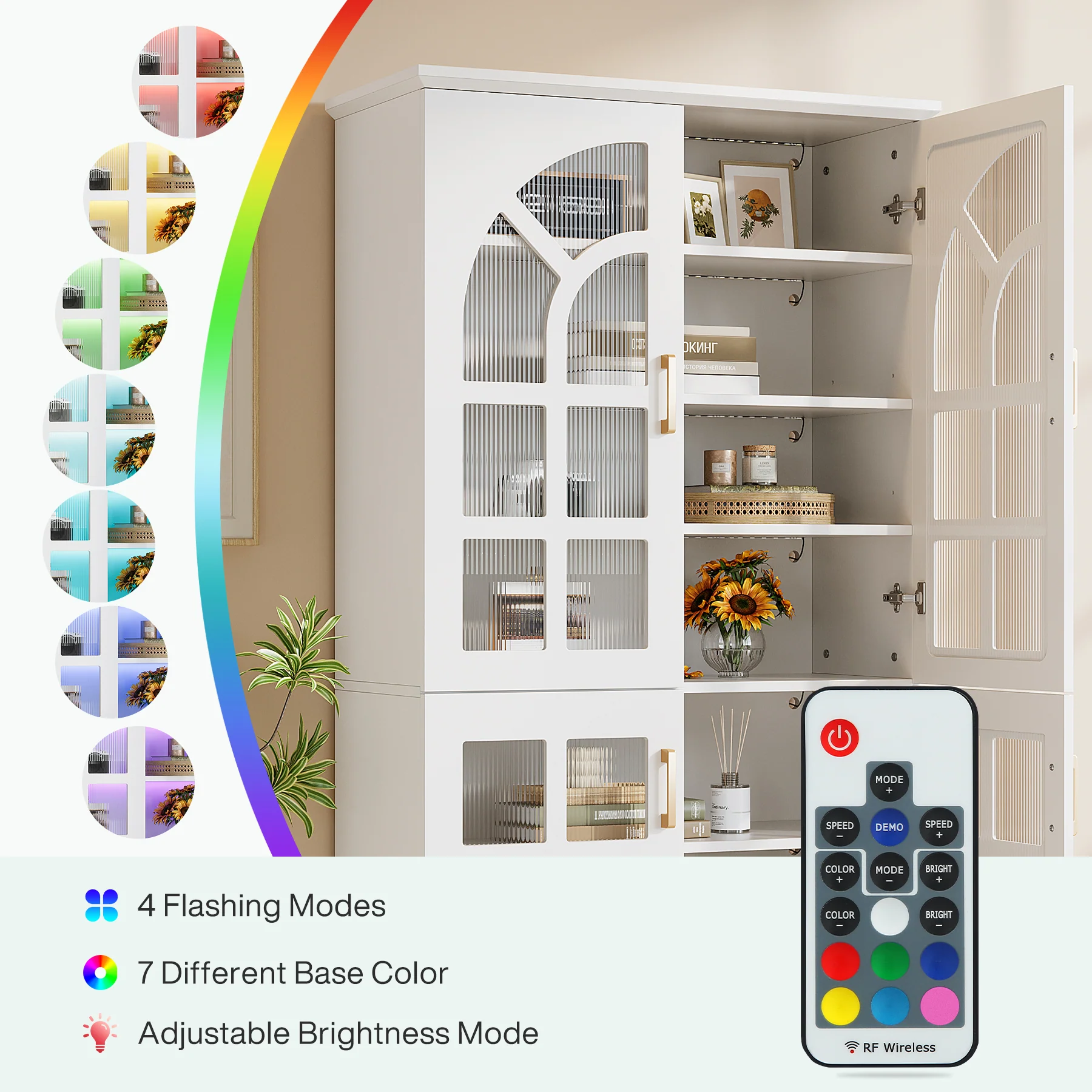 69" Storage Cabinet, Modern Bookcase with Doors and LED Lights - Image 9