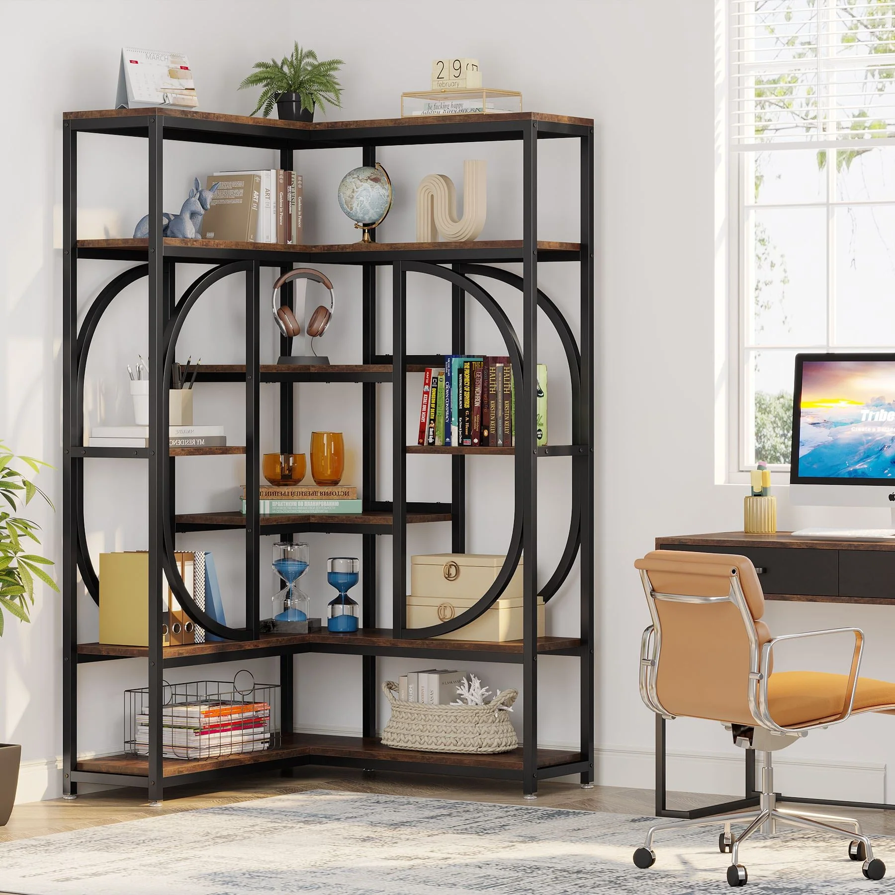 7-Shelf Corner Bookshelf, L-Shaped Bookcase Display Rack - Image 3