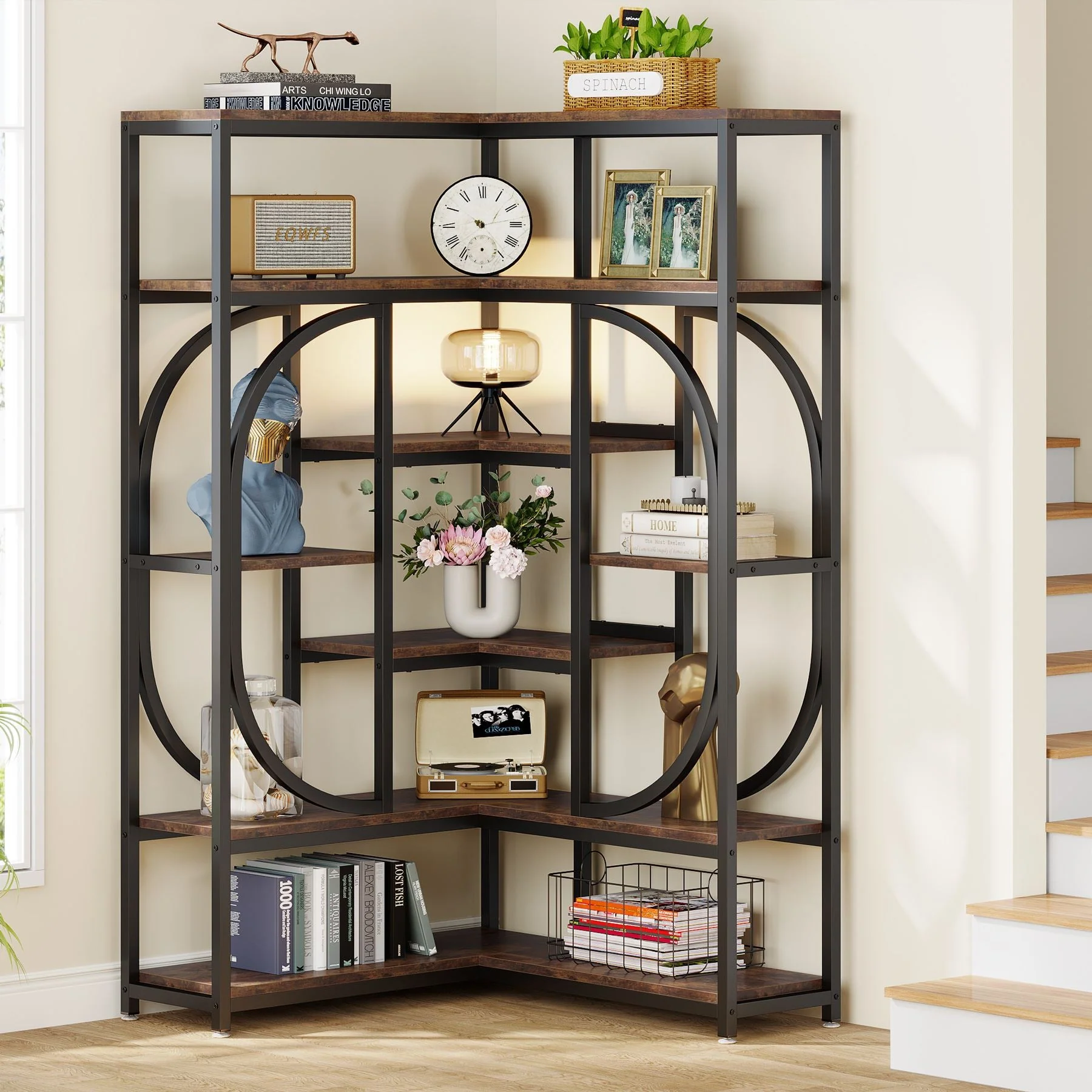 7-Shelf Corner Bookshelf, L-Shaped Bookcase Display Rack - Image 4