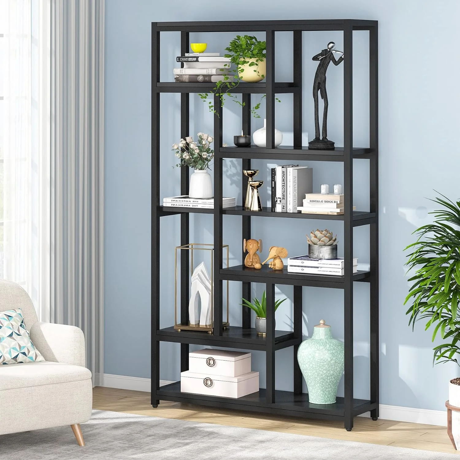 79" Tall Bookshelf, 7-Tier Bookcase 10 Open Display Shelves - Image 7