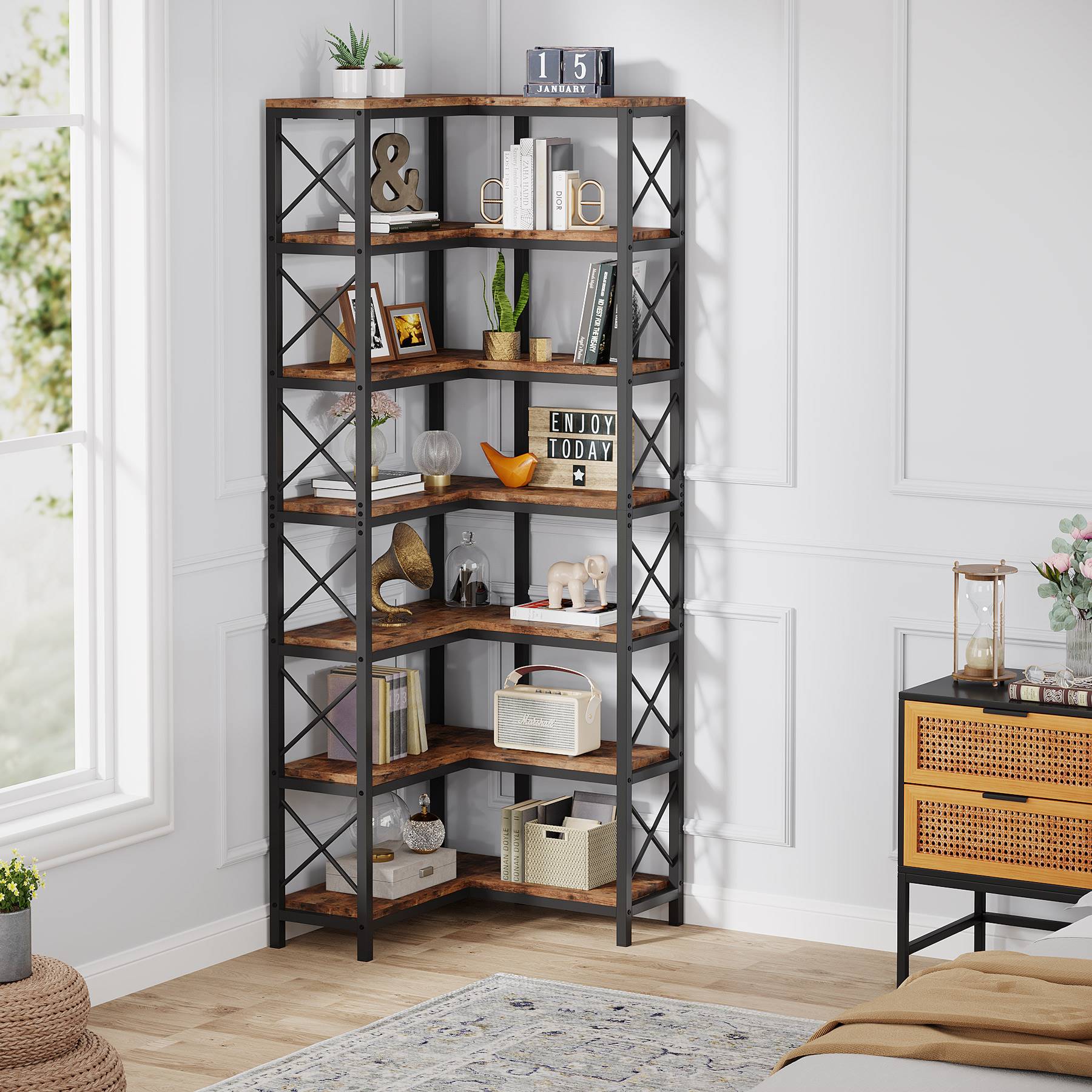 7-Tier Corner Bookshelf Corner Bookcase Storage Display Rack - Image 4