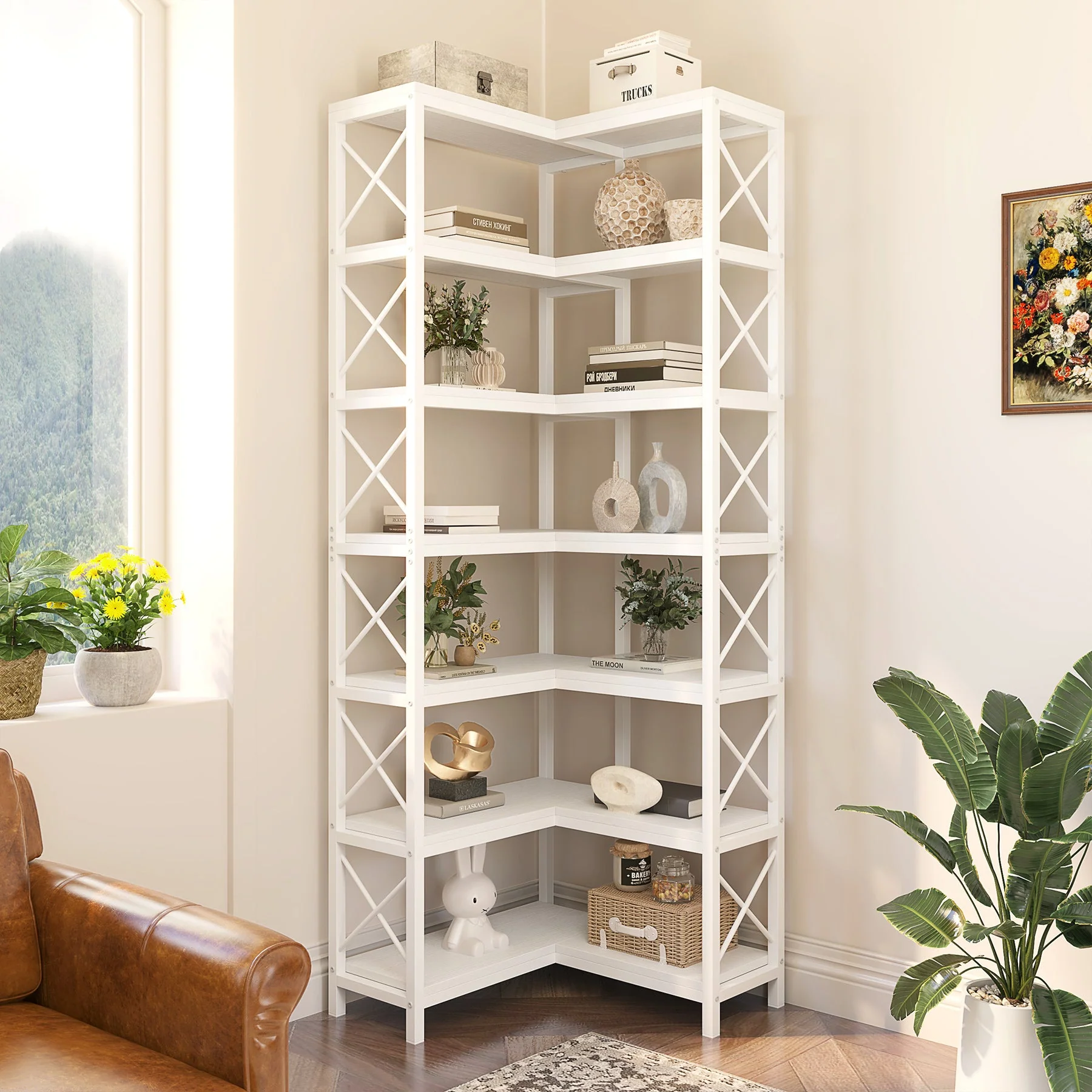 7-Tier Corner Bookshelf Corner Bookcase Storage Display Rack - Image 7