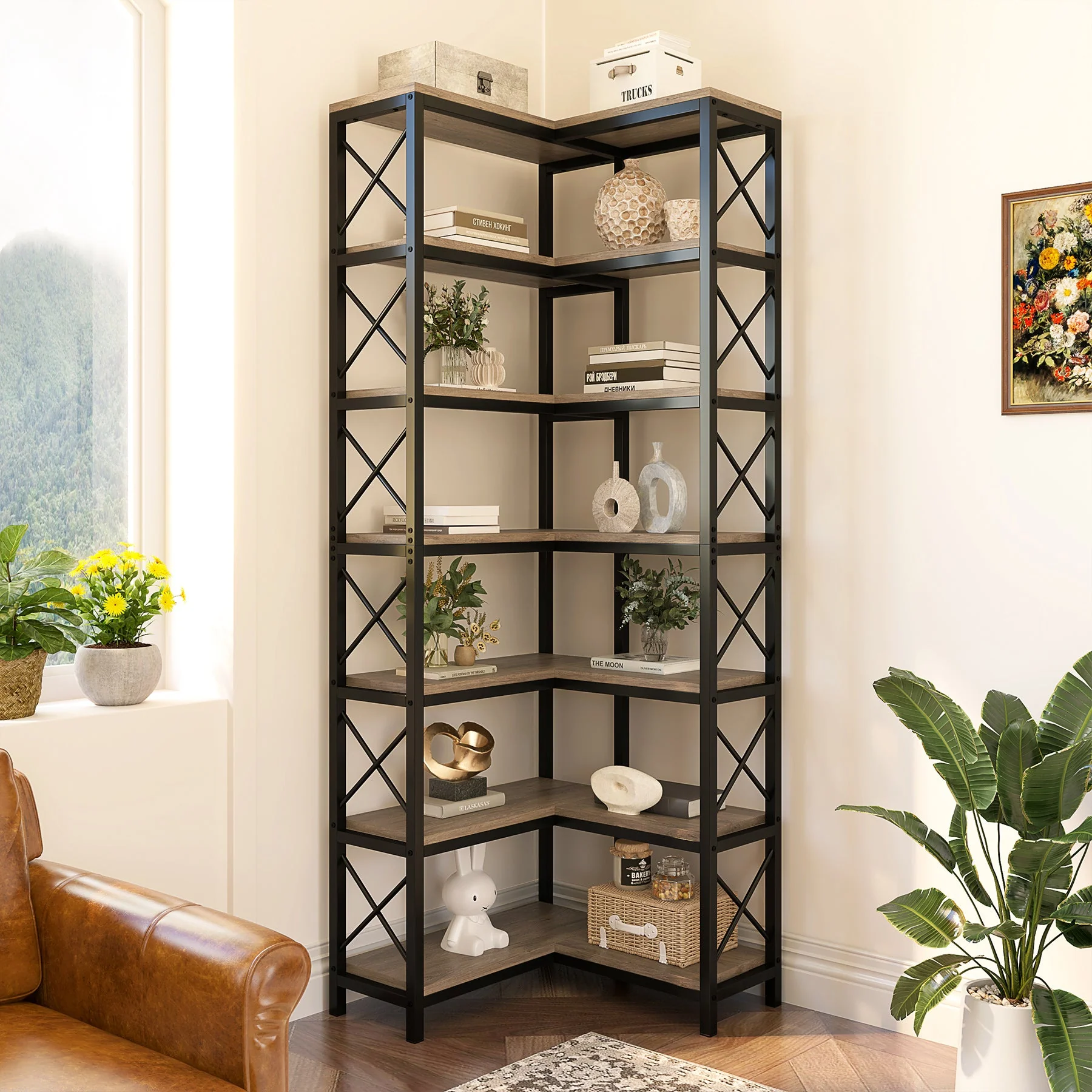 7-Tier Corner Bookshelf Corner Bookcase Storage Display Rack - Image 9