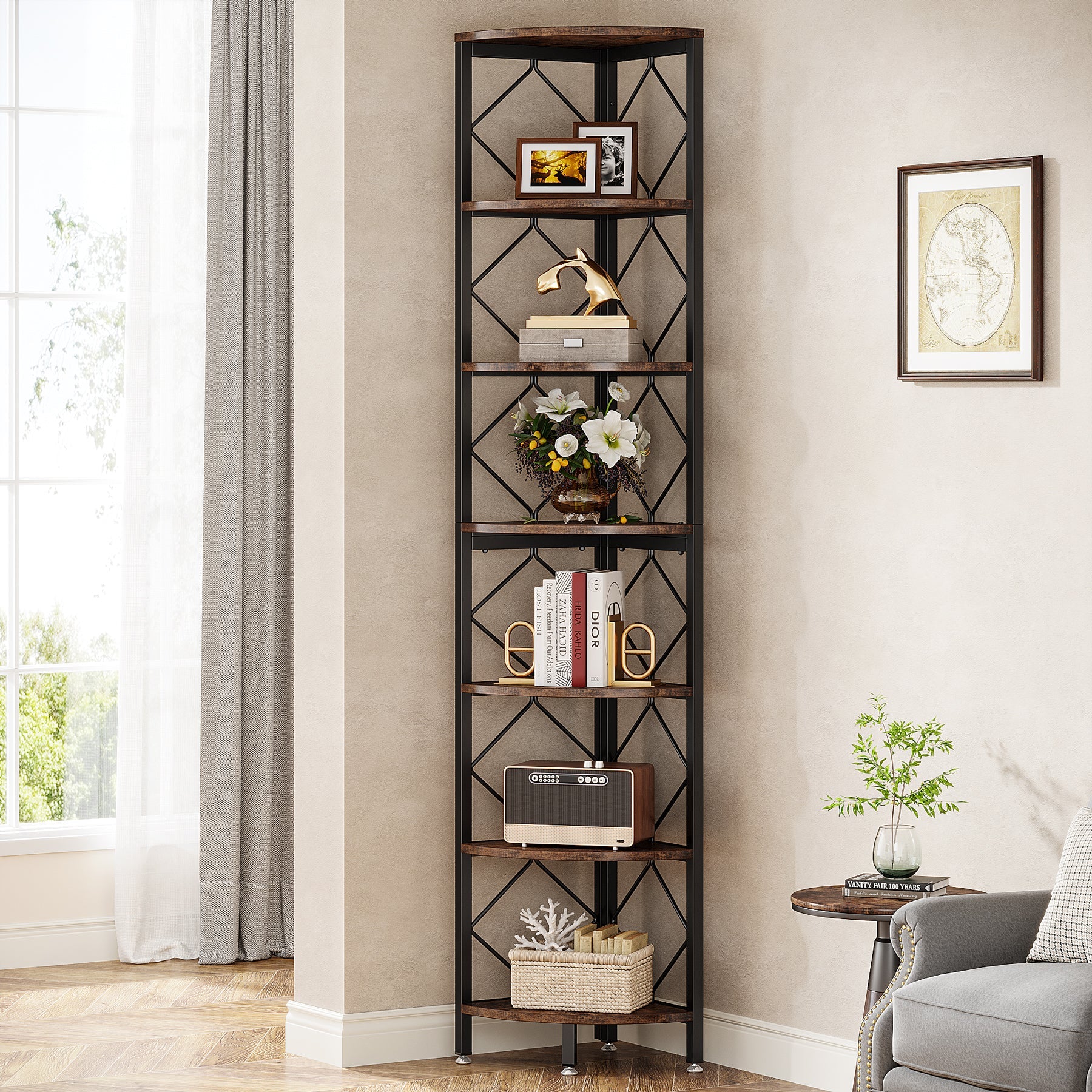 7-Tier Corner Shelf, 78.7" Corner Bookcase Slim Corner Storage Rack