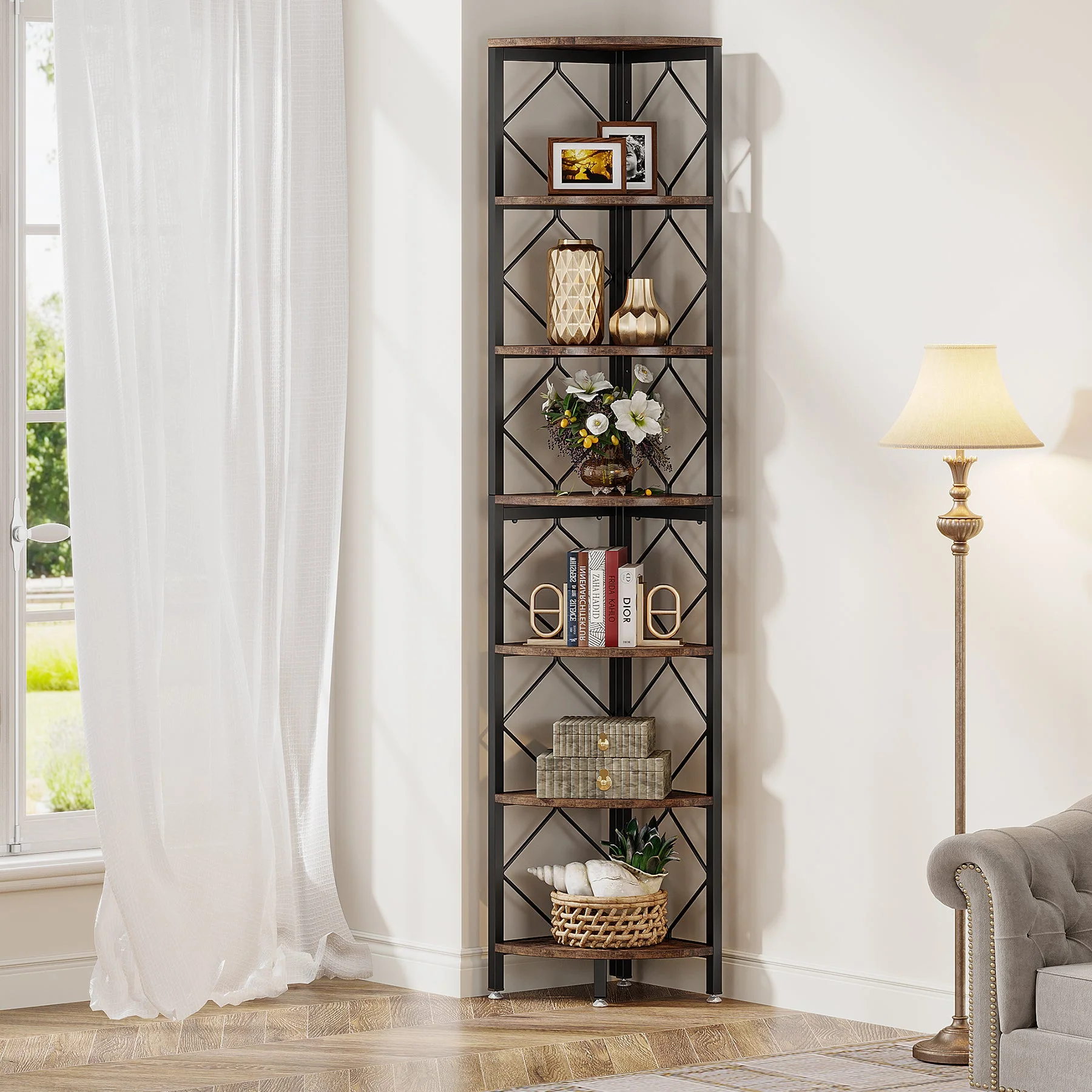 7-Tier Corner Shelf, 78.7" Corner Bookcase Slim Corner Storage Rack - Image 3