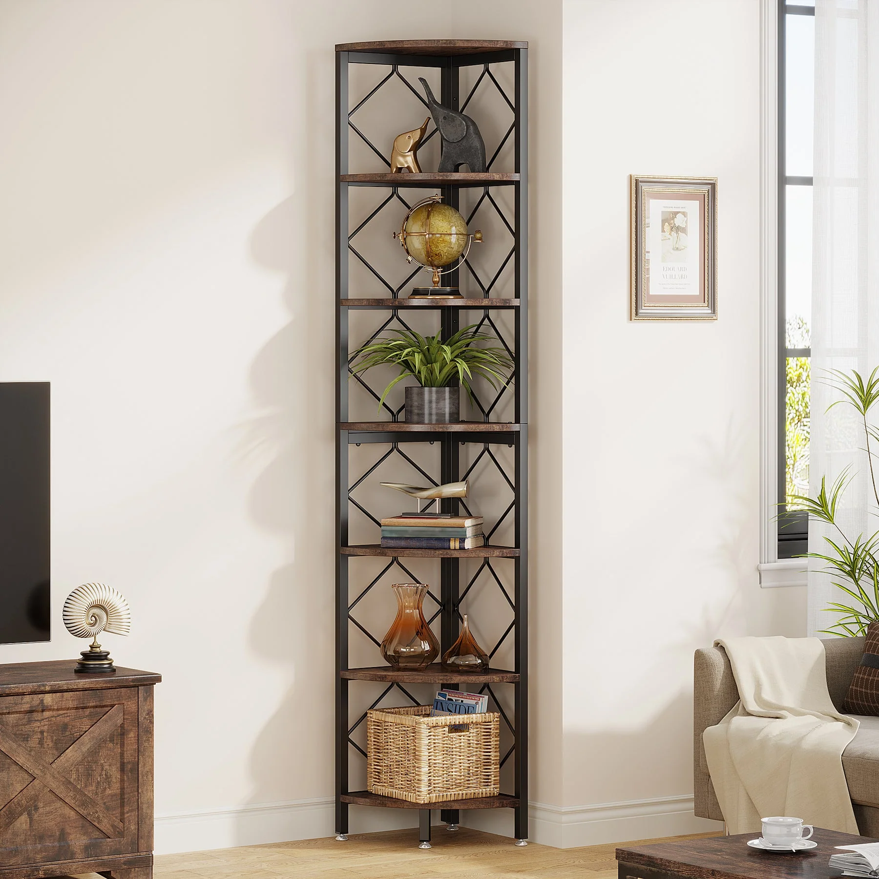 7-Tier Corner Shelf, 78.7" Corner Bookcase Slim Corner Storage Rack - Image 4