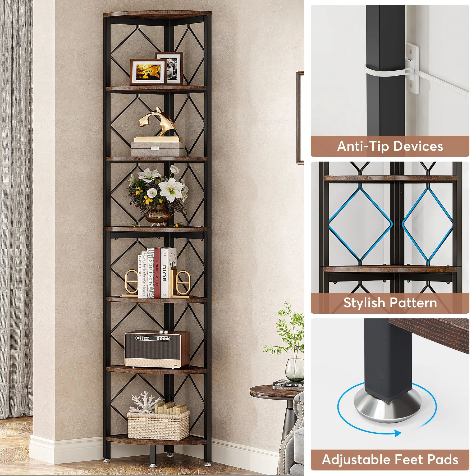 7-Tier Corner Shelf, 78.7" Corner Bookcase Slim Corner Storage Rack - Image 7
