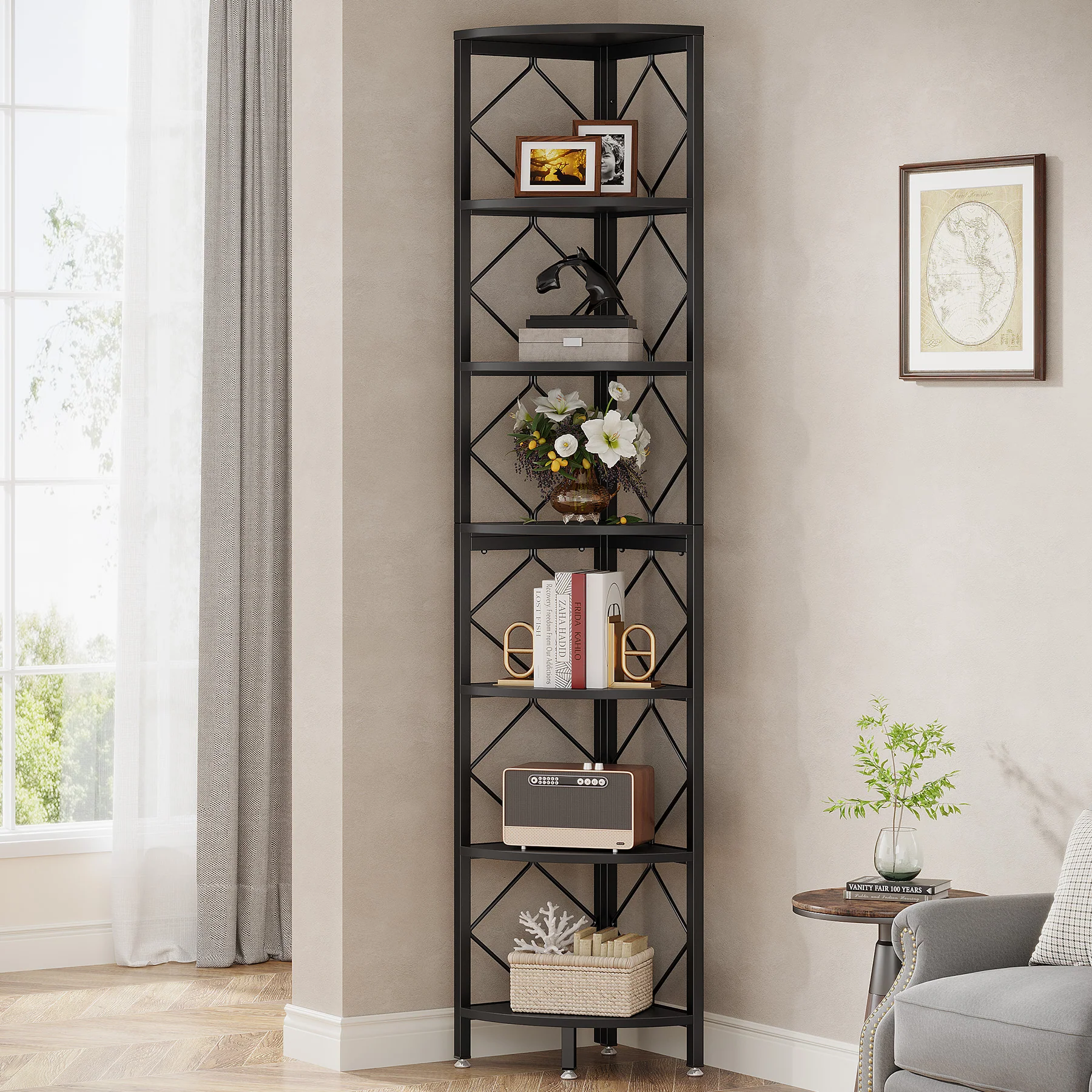 7-Tier Corner Shelf, 78.7" Corner Bookcase Slim Corner Storage Rack - Image 9