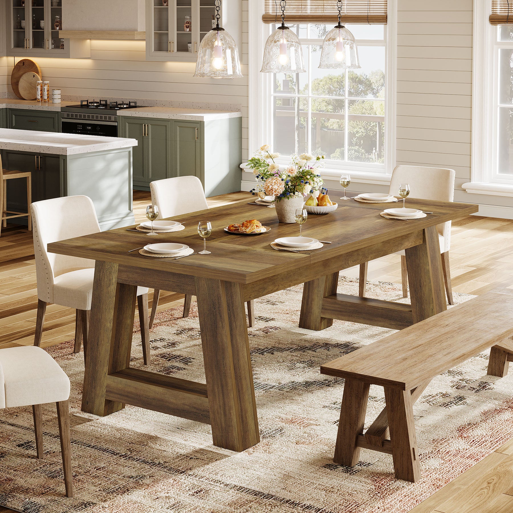 62.6" Dining Table for 4-6, Farmhouse Kitchen Table with Sturdy Legs - Image 3
