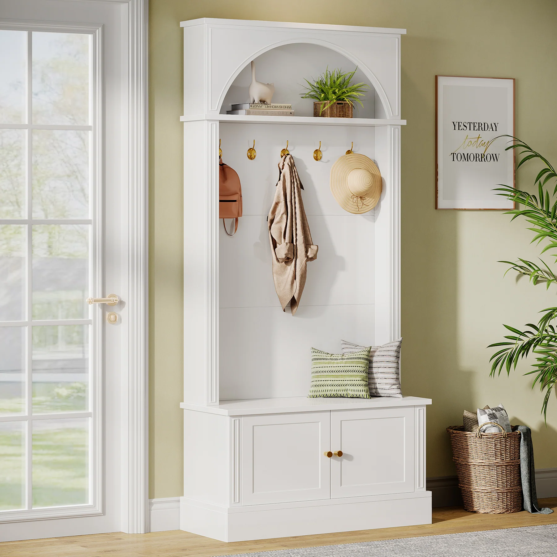 70.8" Hall Tree, 4-in-1 Entryway Shoe Storage with 5 Double Hooks - Image 12