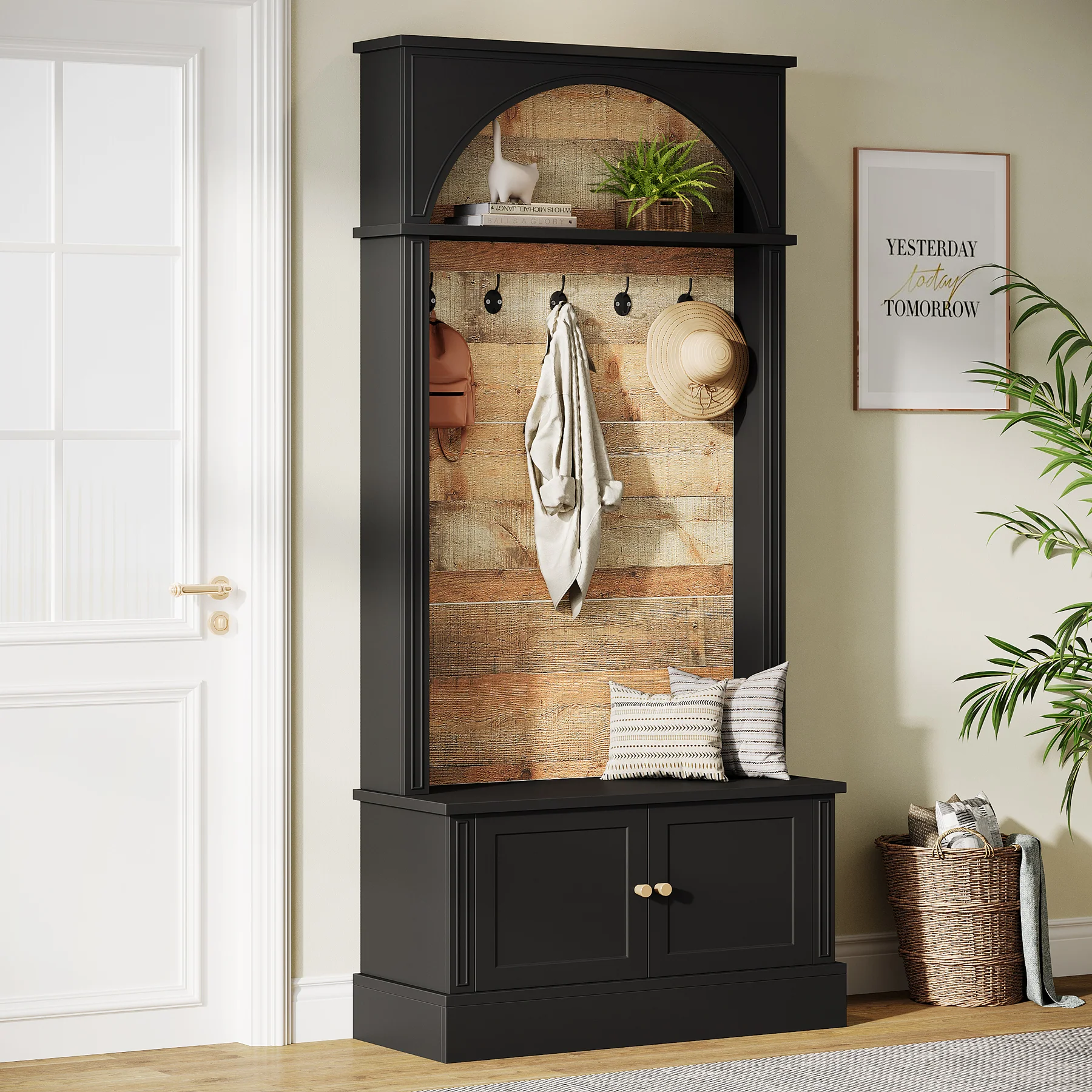 70.8" Hall Tree, 4-in-1 Entryway Shoe Storage with 5 Double Hooks - Image 3