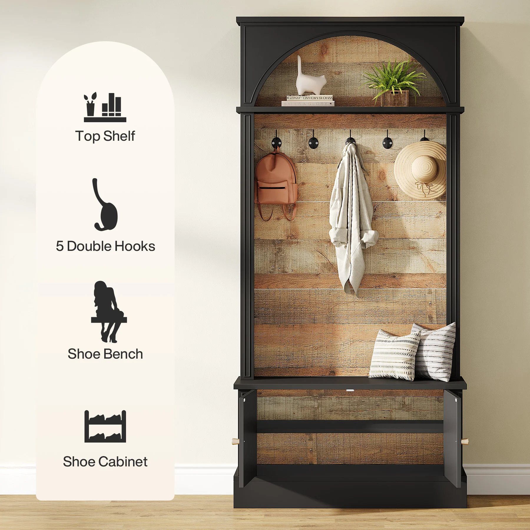 70.8" Hall Tree, 4-in-1 Entryway Shoe Storage with 5 Double Hooks - Image 6