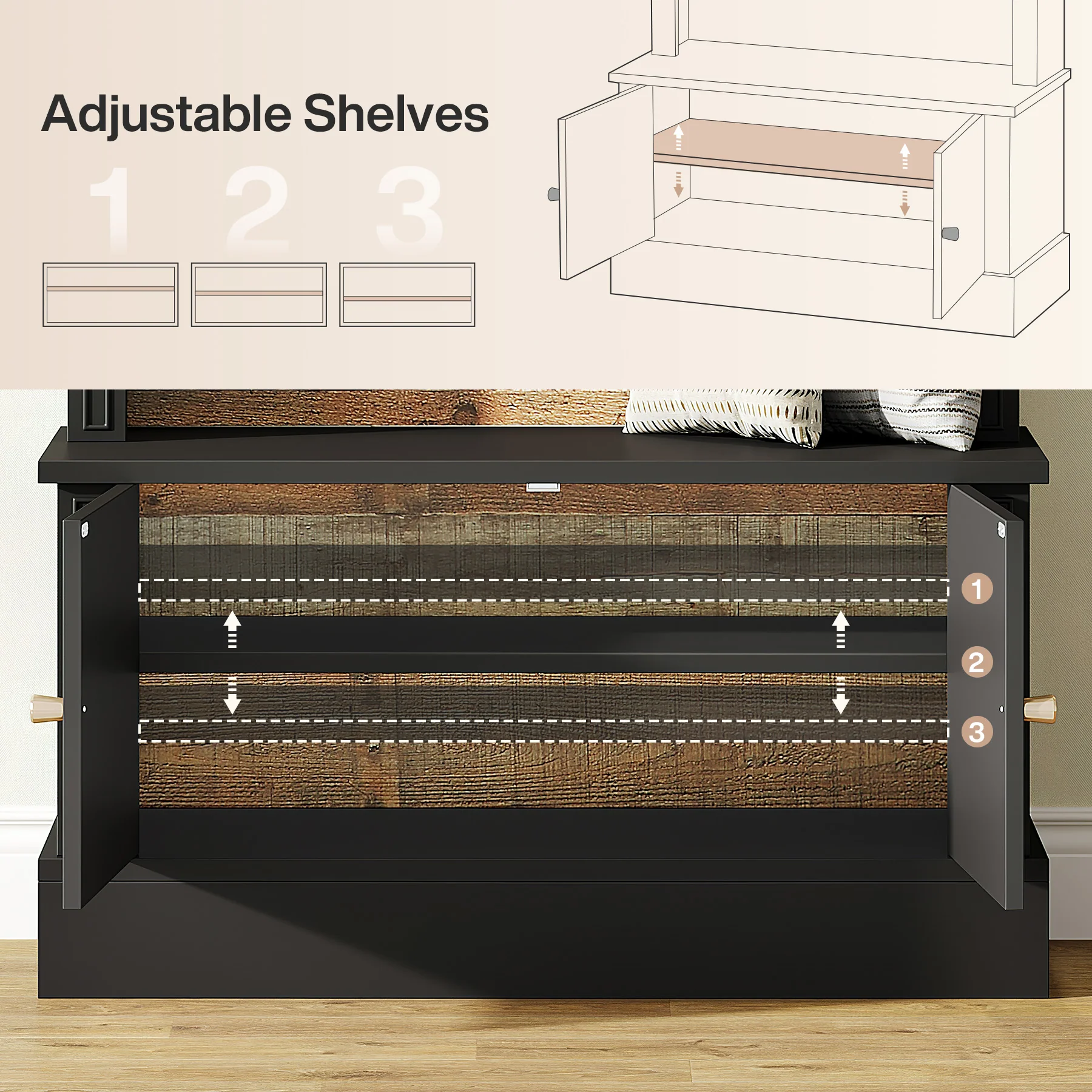 70.8" Hall Tree, 4-in-1 Entryway Shoe Storage with 5 Double Hooks - Image 8