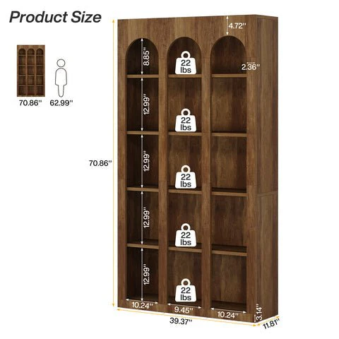 70.8" Wood Bookshelf, 5-Tier Rustic Bookcase Display Storage Shelving Unit - Image 2