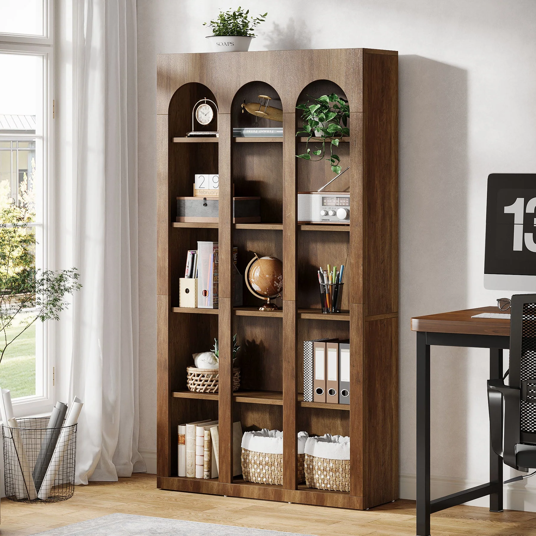 70.8" Wood Bookshelf, 5-Tier Rustic Bookcase Display Storage Shelving Unit - Image 3