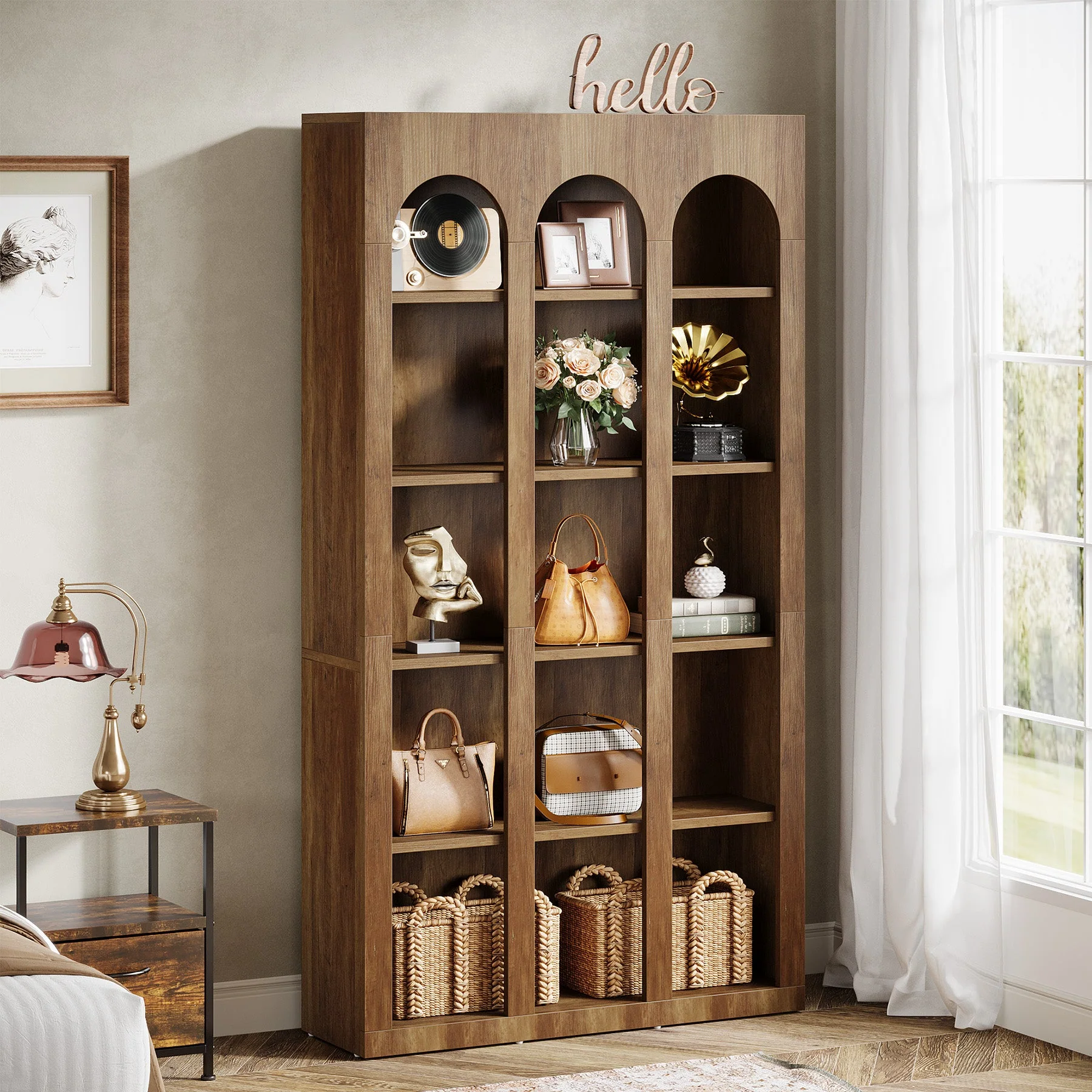 70.8" Wood Bookshelf, 5-Tier Rustic Bookcase Display Storage Shelving Unit - Image 4