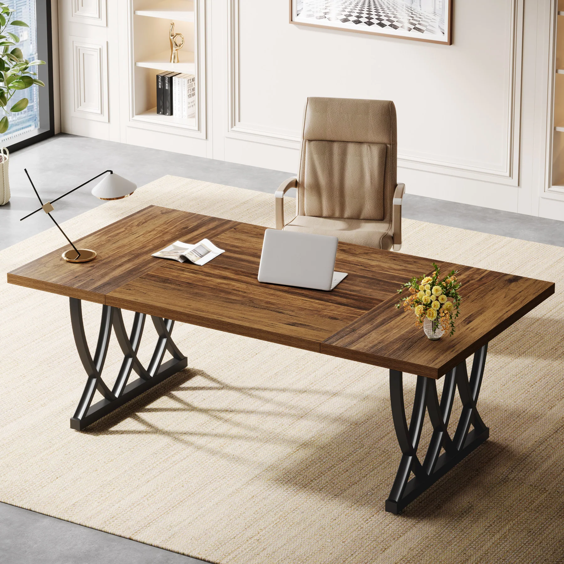 70.8" Executive Desk, Rectangle Office Computer Desk with Thick Metal Frame - Image 3