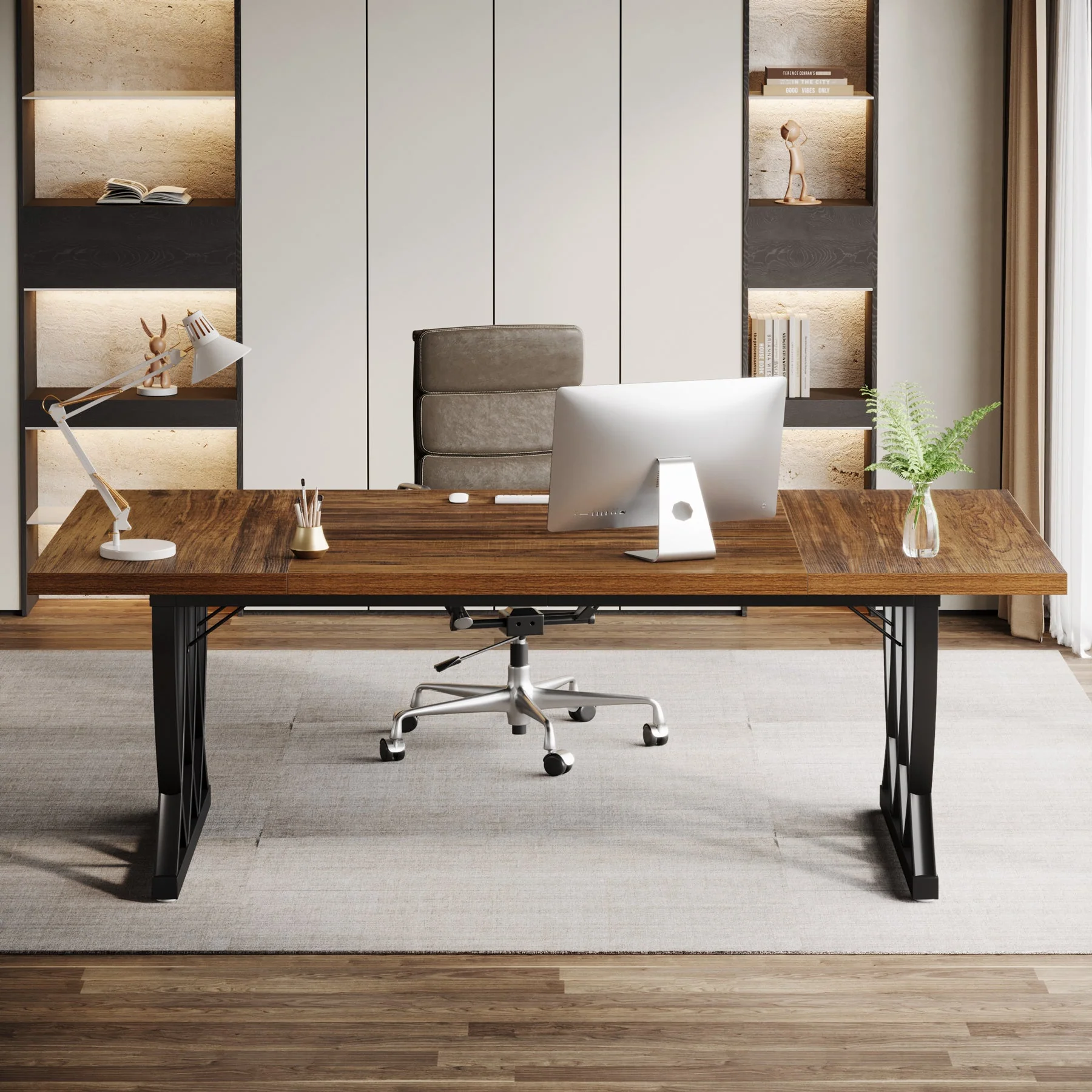 70.8" Executive Desk, Rectangle Office Computer Desk with Thick Metal Frame - Image 4