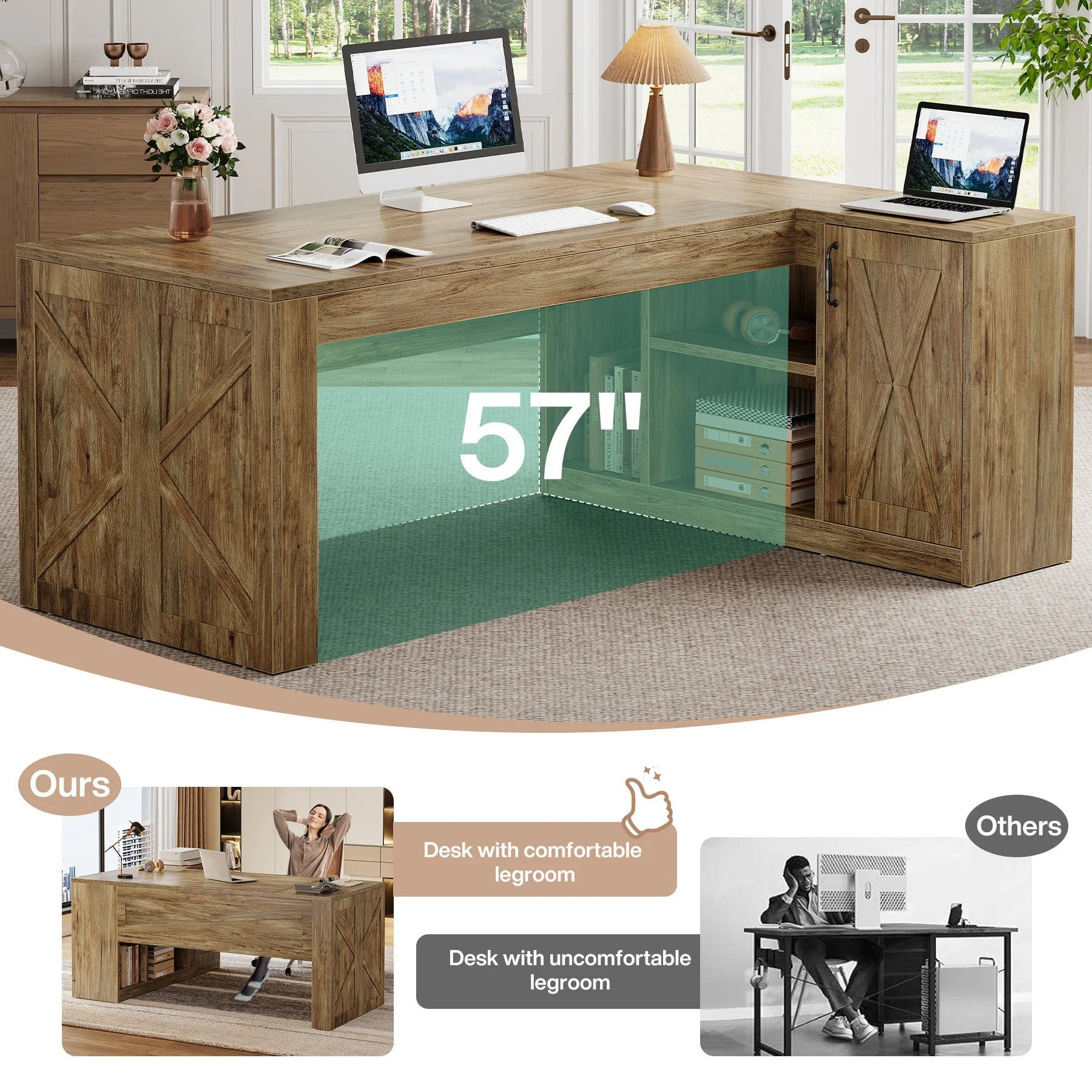 70.8" Executive Desk, L-Shaped Computer Table with Storage Cabinet - Image 6