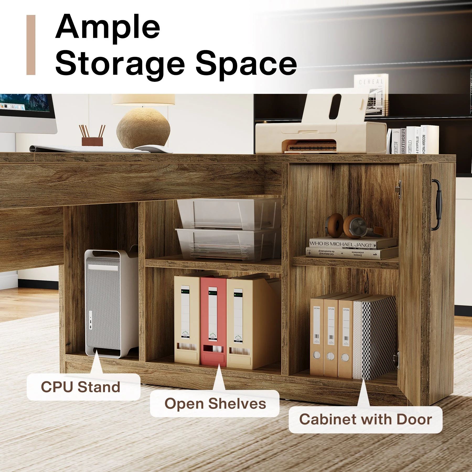 70.8" Executive Desk, L-Shaped Computer Table with Storage Cabinet - Image 7
