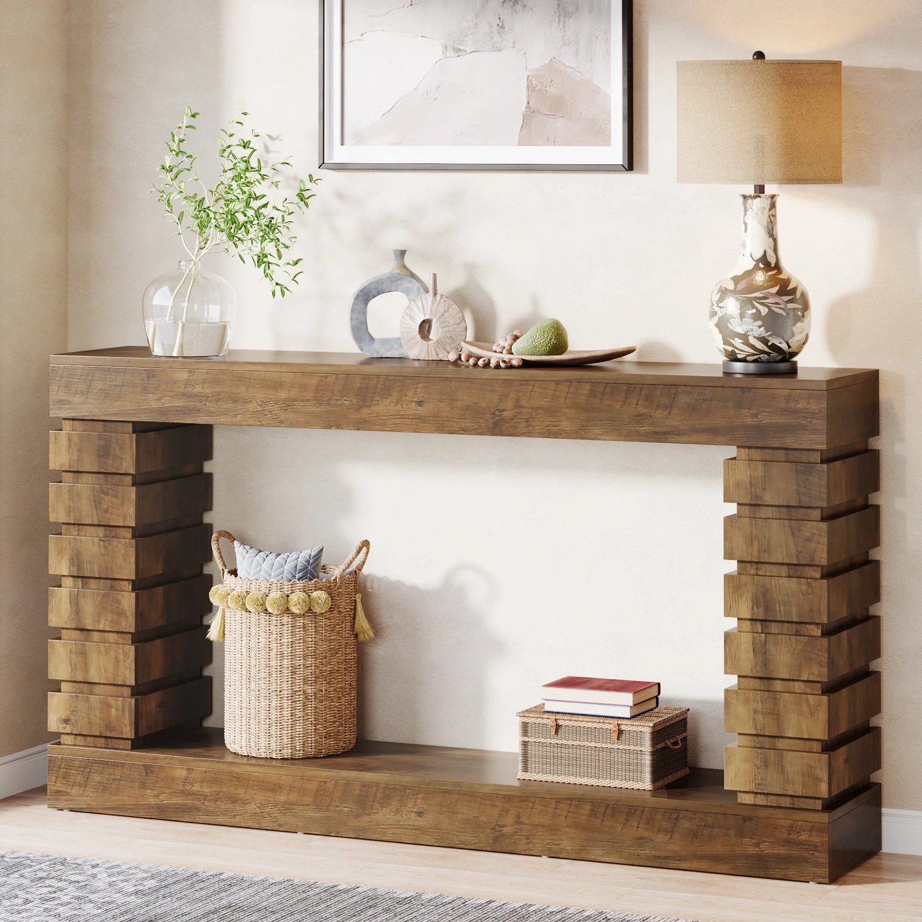 70.8" Rectangular Console Table with Geometric Base for Living Room - Image 3