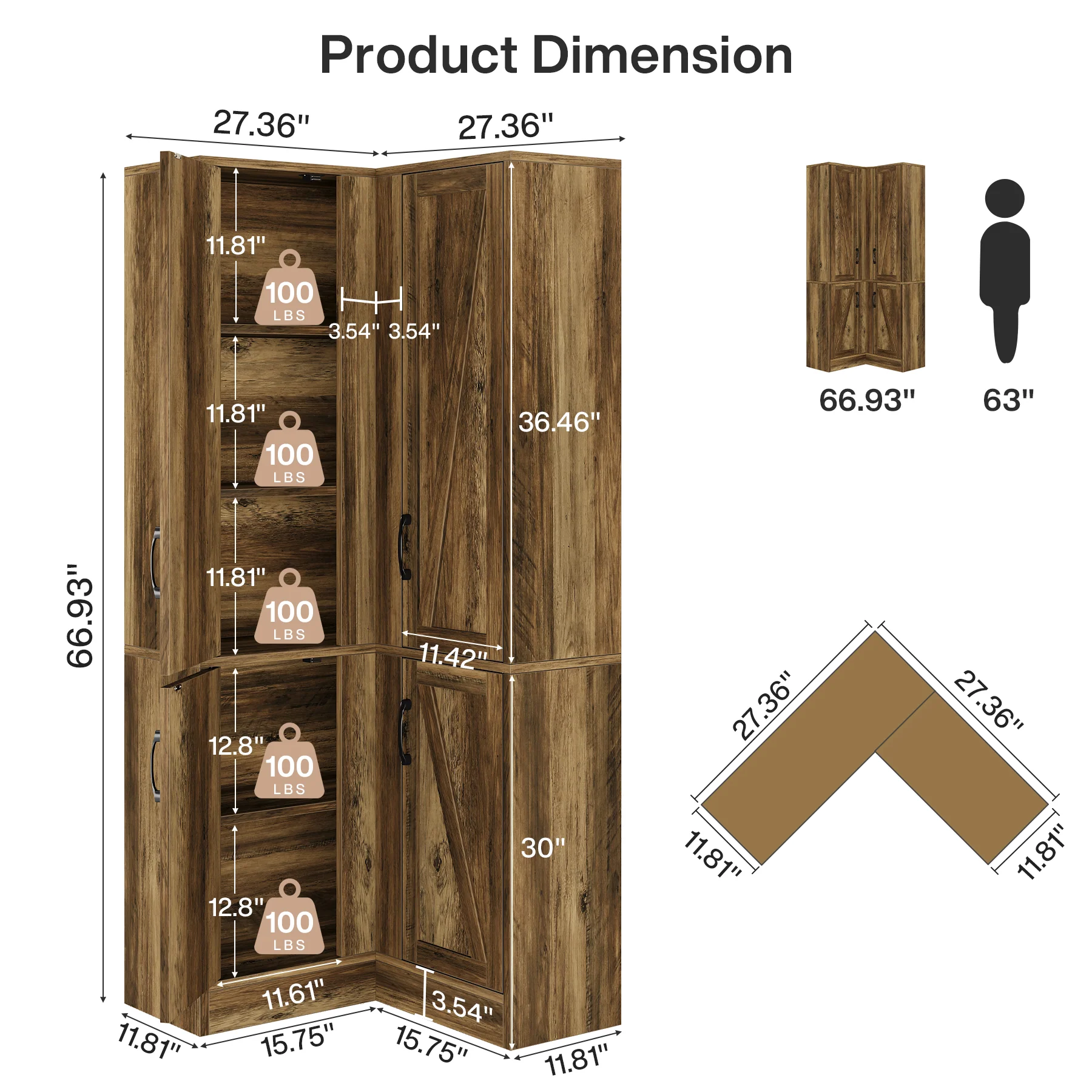 70.8" Corner Bookcase, Farmhouse Corner Storage Cabinet with Doors - Image 2
