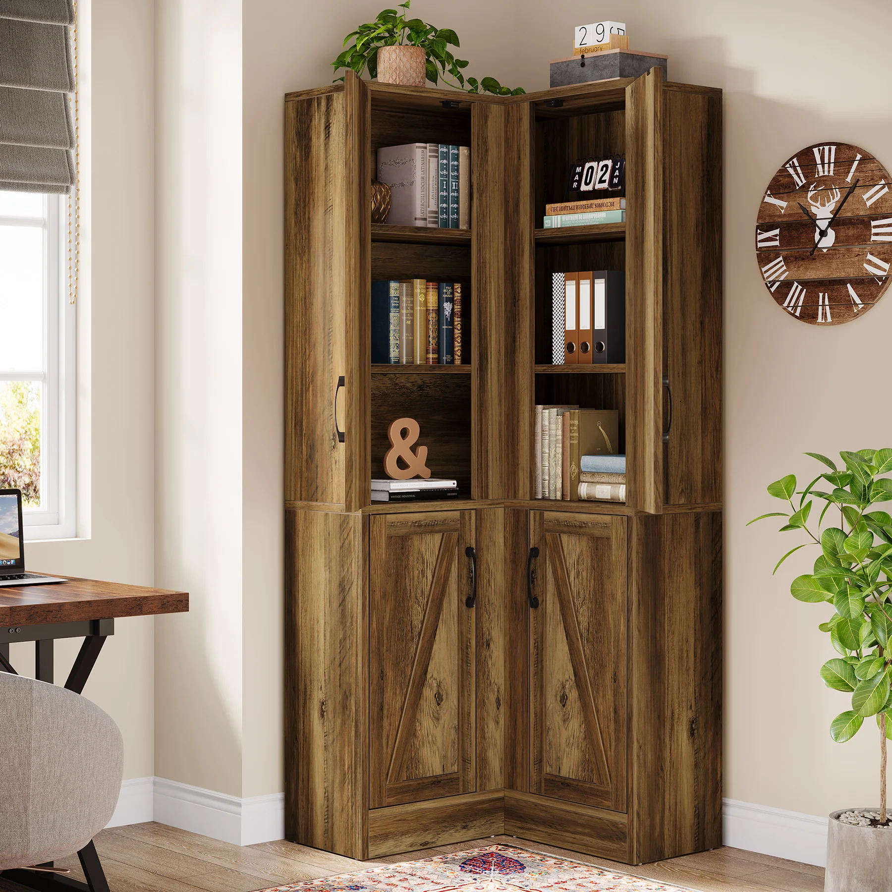 70.8" Corner Bookcase, Farmhouse Corner Storage Cabinet with Doors - Image 3