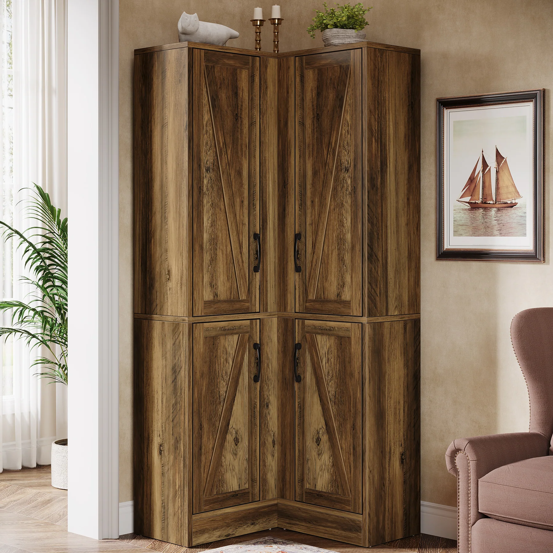 70.8" Corner Bookcase, Farmhouse Corner Storage Cabinet with Doors - Image 4