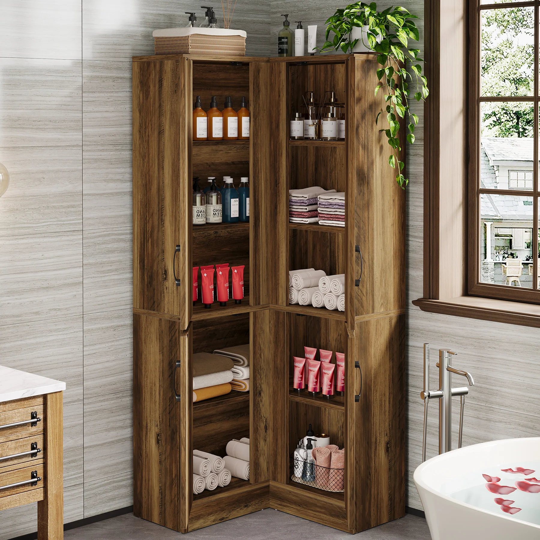 70.8" Corner Bookcase, Farmhouse Corner Storage Cabinet with Doors - Image 5