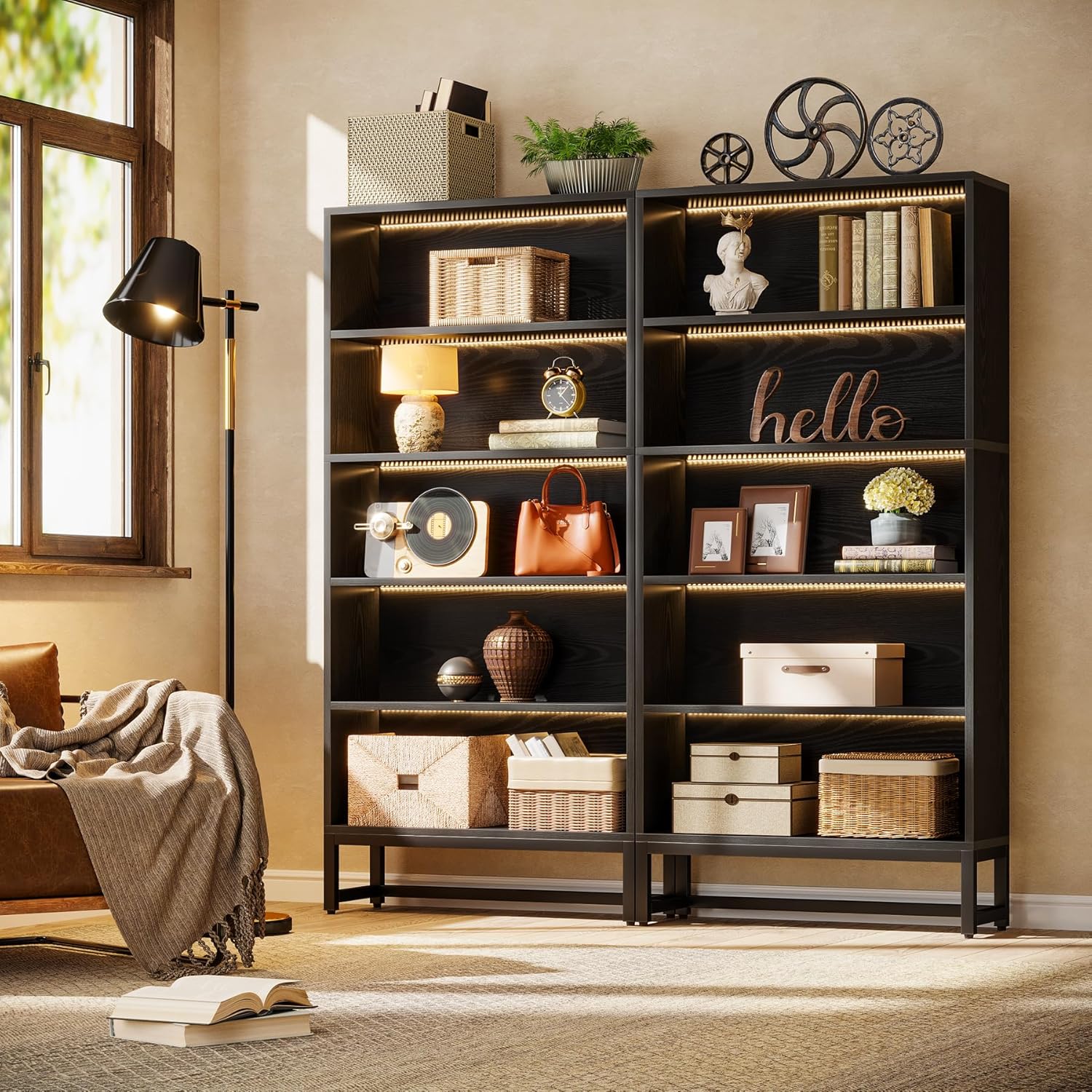 Tribesigns 70.8-Inch Tall Bookcase with LED Lights, 5-Tier Black Bookshelf Organizer - Image 8