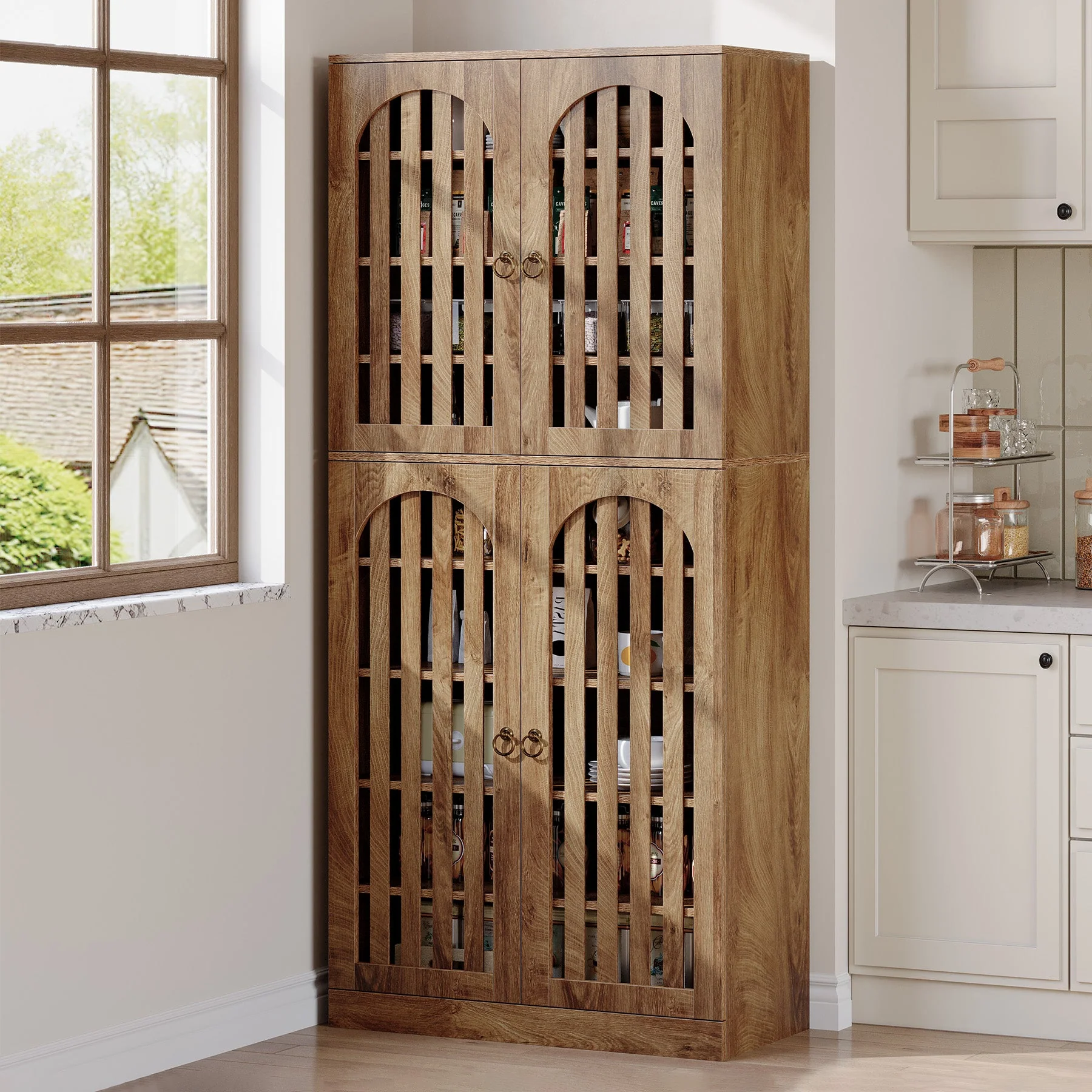 70.8" Kitchen Pantry, Wooden Cupboard Storage Cabinet with 4 Slatted Doors