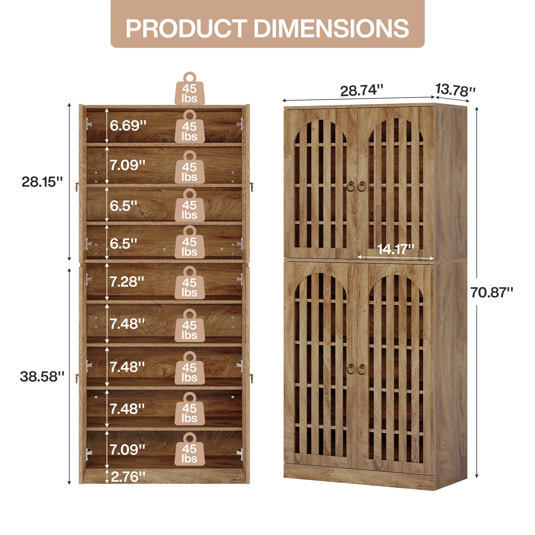 70.8" Kitchen Pantry, Wooden Cupboard Storage Cabinet with 4 Slatted Doors - Image 2